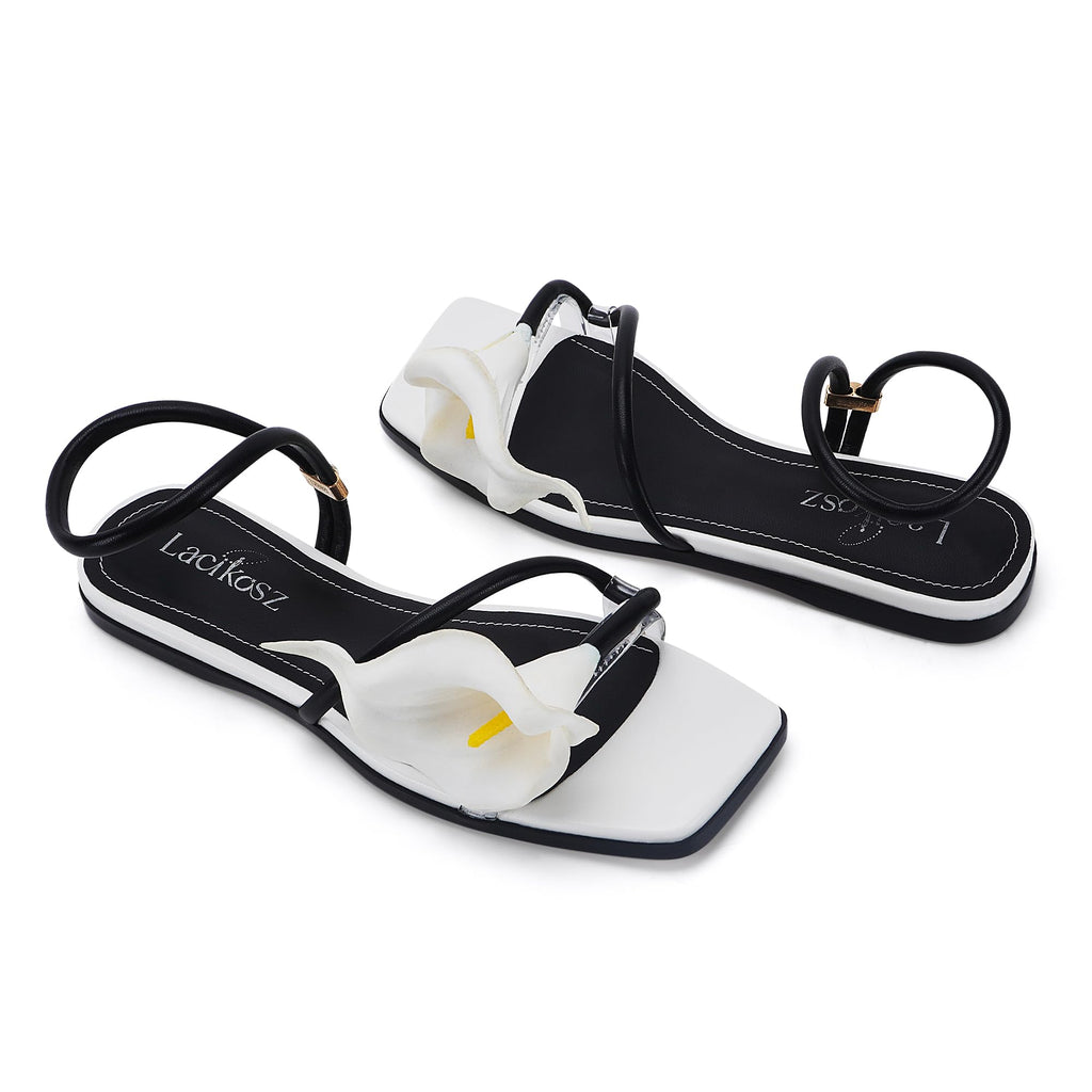 LACIKOSZ Flower Kitten Heel Sandals for Women Calla Lily Green Heels Square Open Toe Floral Strappy Low Heel Sandals Summer Dressy Wedding Shoes