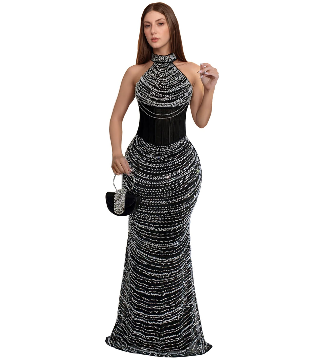 PORRCEY Women's Sexy Elegant Rhinestone Bodycon Dress Hot Drilling Clubwear