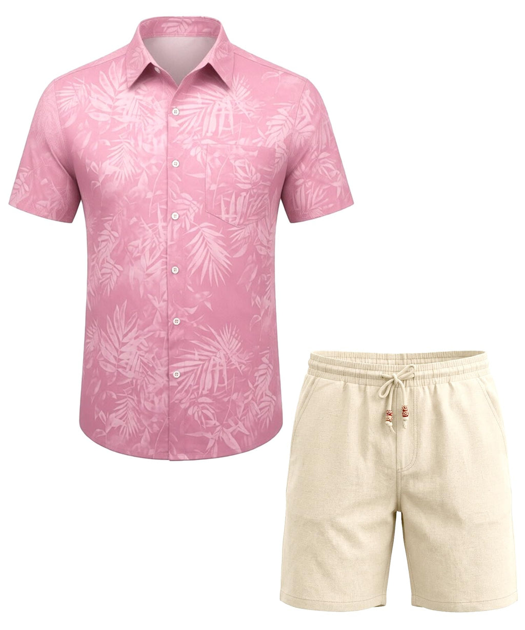 JEMLDL Men's Hawaiian 2 Piece Outfits Floral Button Down Shirts & Linen Shorts Sets Summer Beach Travel Clothes