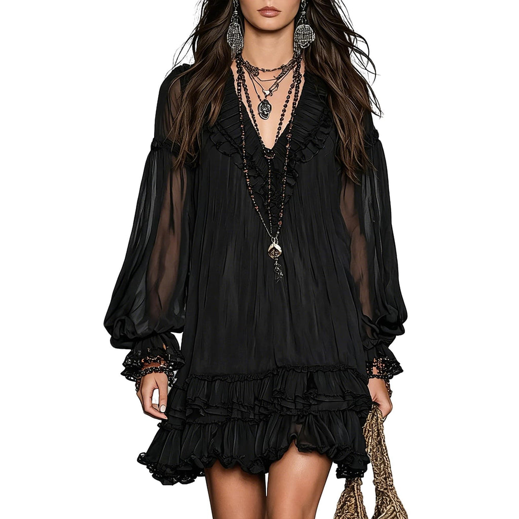 Women's Vintage Boho Chiffon Dress Navy Blue Baroque Print High Neck Irregular Lantern Sleeve Dress Casual Party Vacation