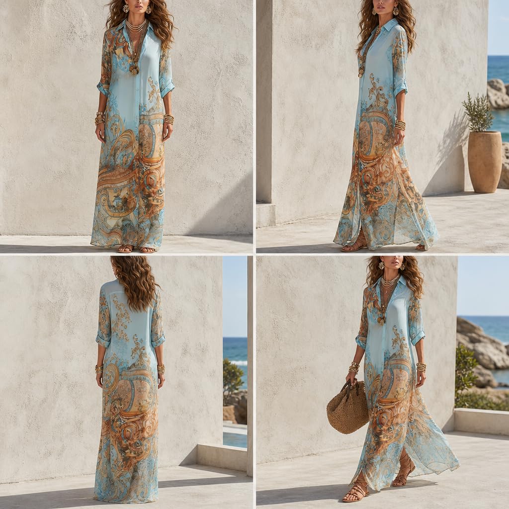 Women's Baroque Print Maxi Shirt Dress V Neck 3/4 Sleeve Button Down Flowy Casual Loose Boho Long Dress