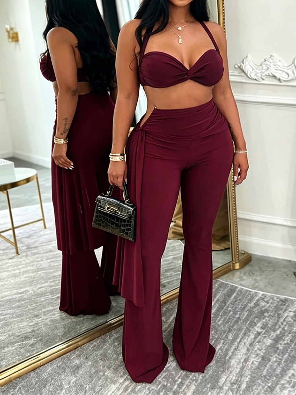Women's Two Piece Outfits Crop Top and Flare Pants Set Club Going Out | Crop Top, Flare Pants Set, Going Out Sets, Two Piece Sets for Women Going Out, Two Piece Concert Outfits, Sexy Club Outfits