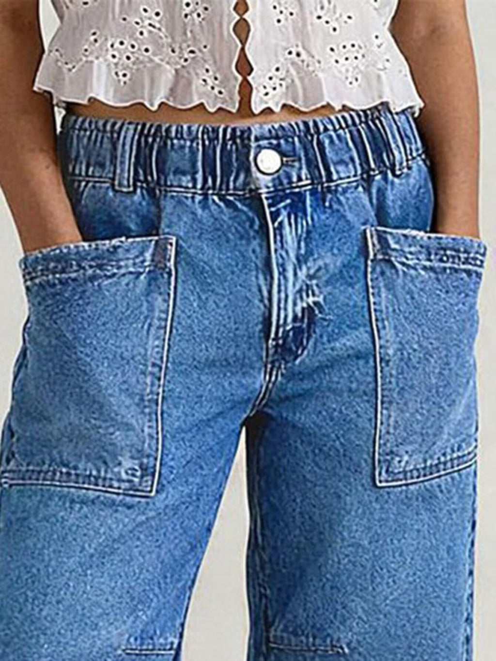 Flamingals Straight Leg High Rise Denim Bermuda Shorts | Elastic Trendy Jean Shorts with Patch Pockets, Bermuda Shorts for Women, High Waist, Denim Fabric