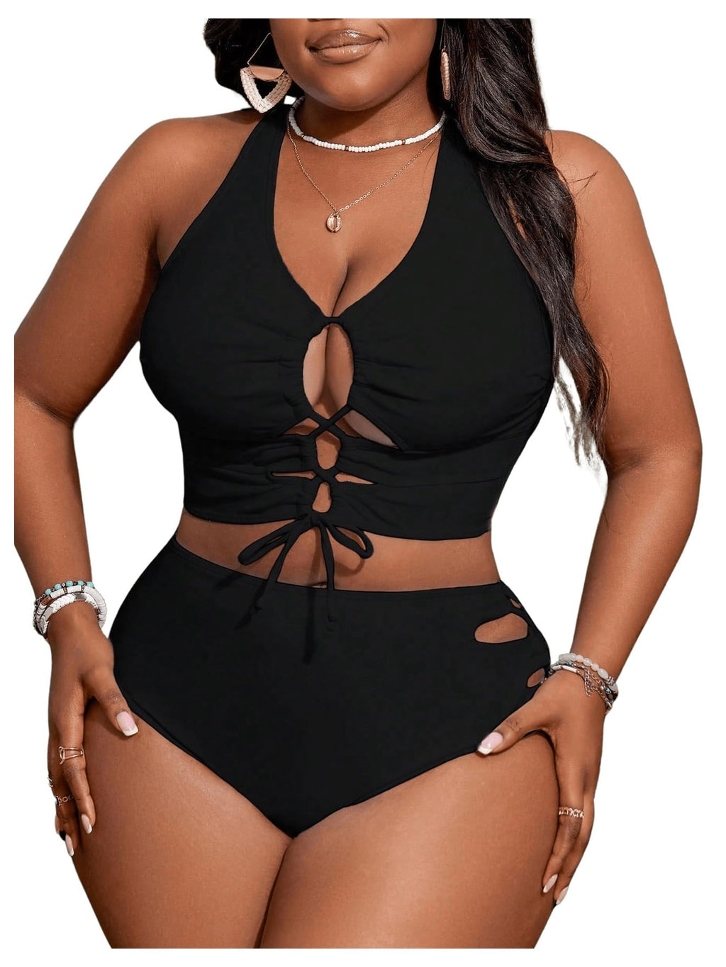 SOLY HUX Womens Plus Size Two Piece Bathing Suit Bikini Swimsuit | Tummy Control, High Waisted Bikini Sets, Adjustable Tie String, Sexy