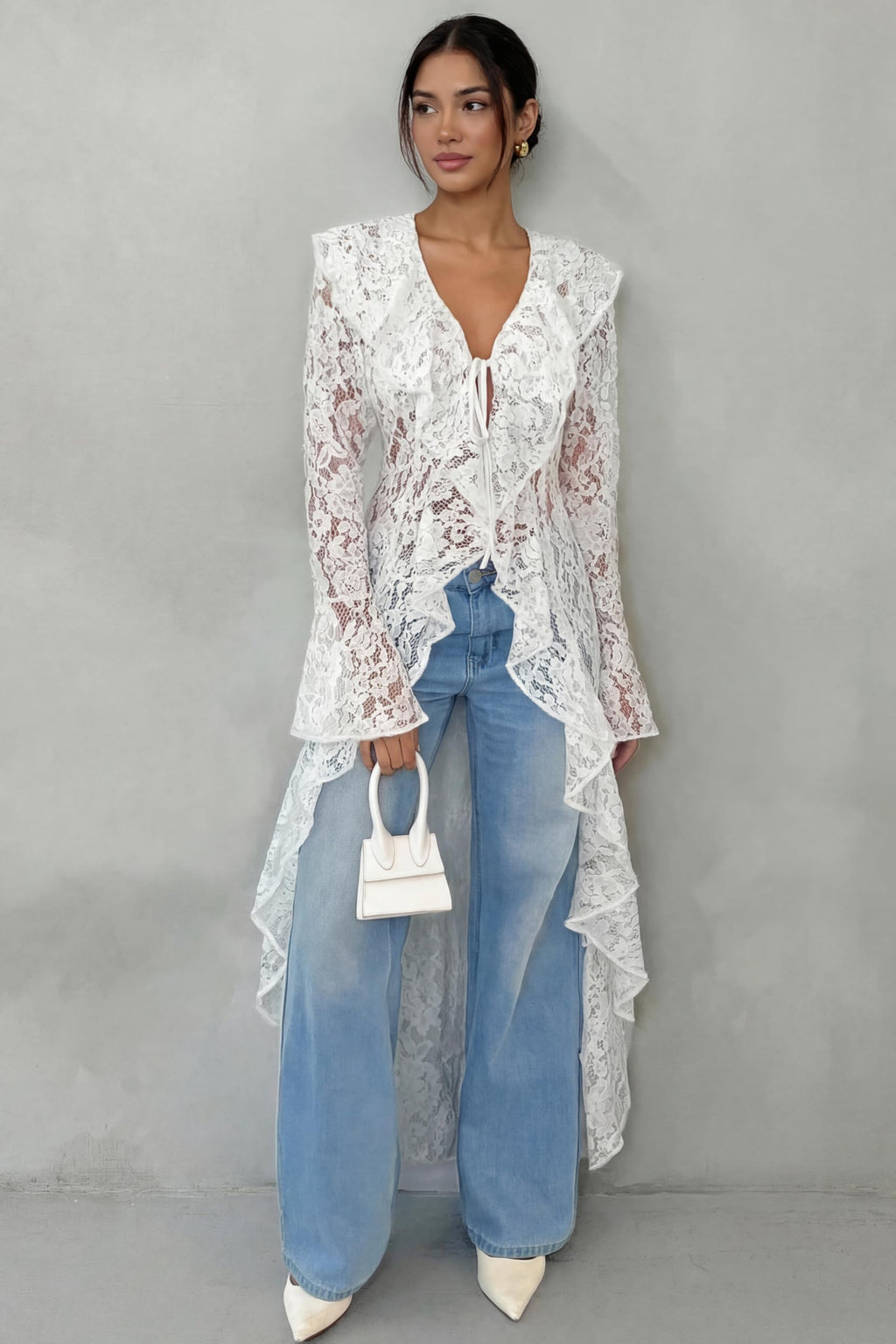 Lace Cardigan for Women Maxi Summer Lightweight Open Front Tie Bell Long Sleeve Ruffled Tops Duster Swimsuit Cover Up