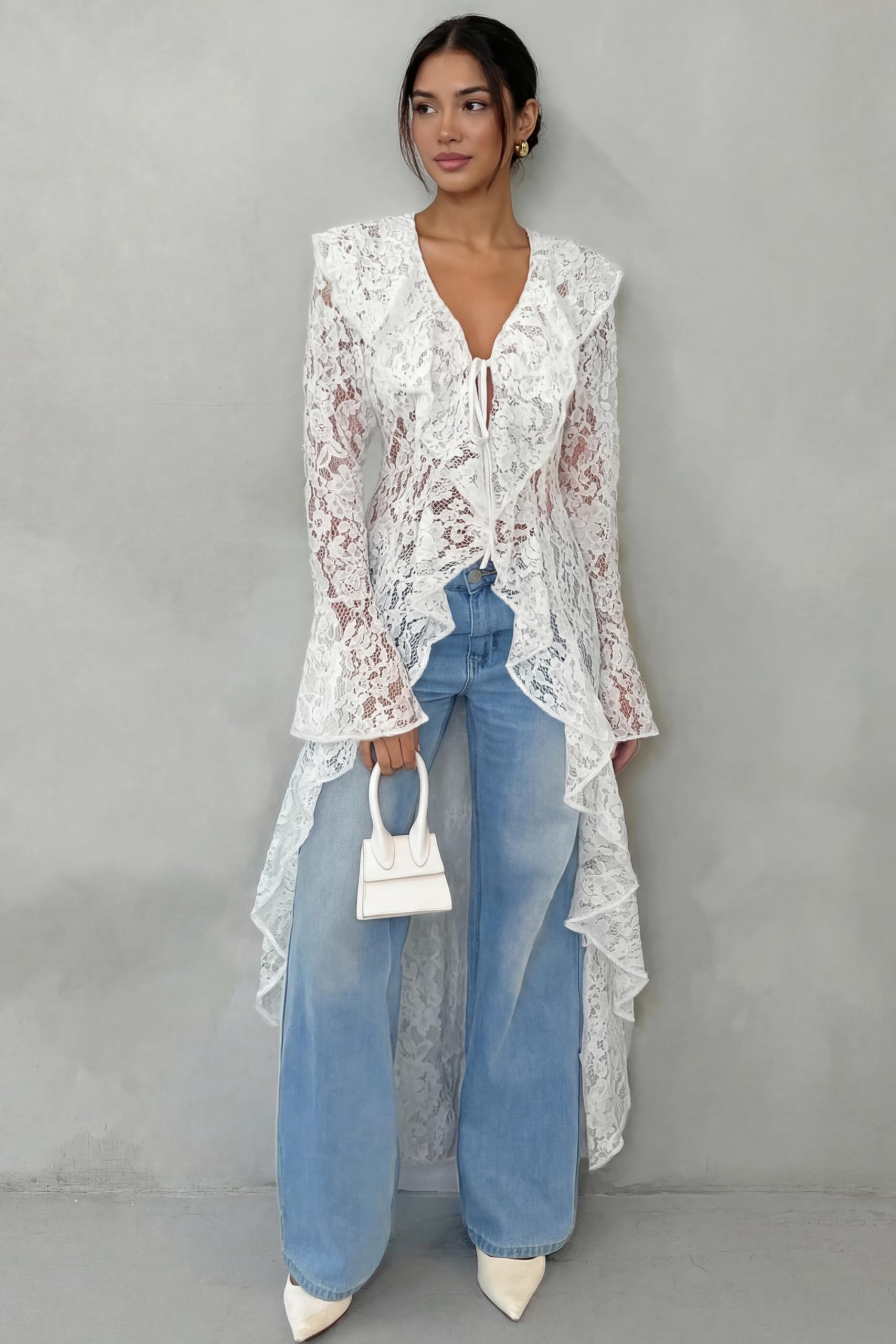 Lace Cardigan for Women Maxi Summer Lightweight Open Front Tie Bell Long Sleeve Ruffled Tops Duster Swimsuit Cover Up