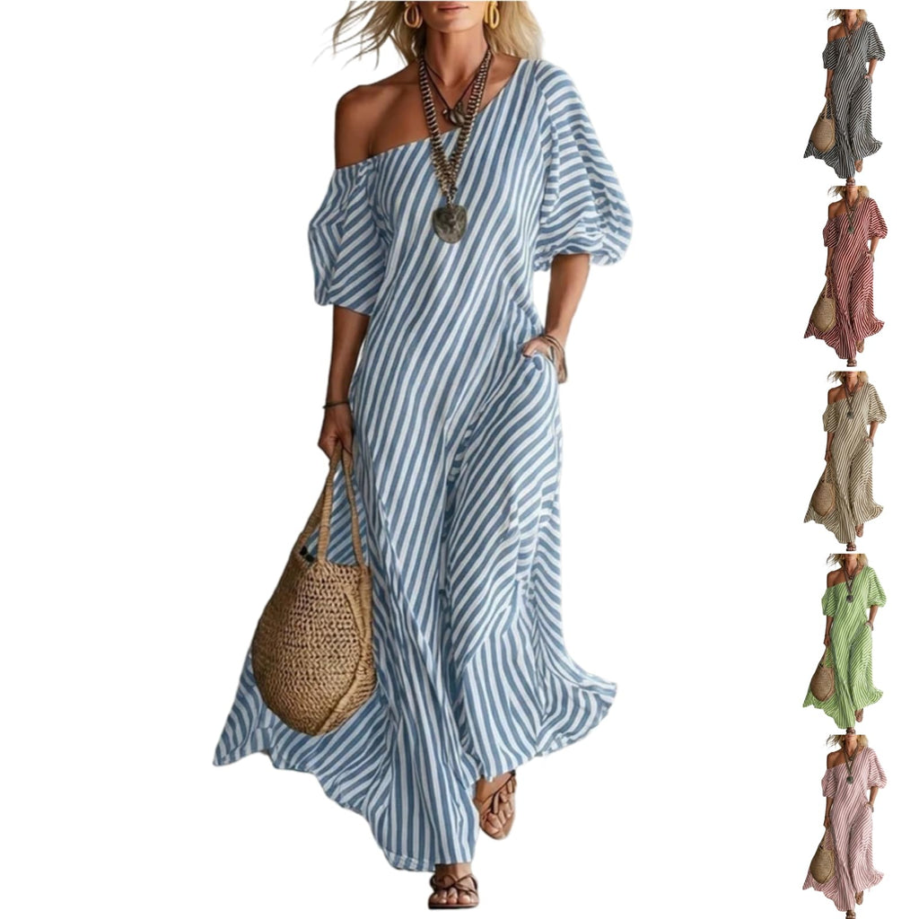 Women's Elegant and Classic Striped Off-Shoulder Maxi Dress,Summer Flutter Short Sleeve One Shoulder Loose Flowy Long Dress