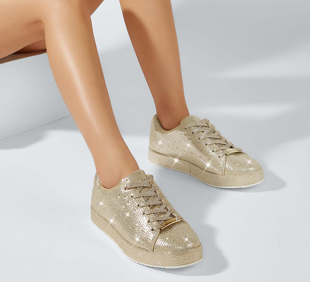LUCKY STEP Women's Platform Rhinestone Sneakers | Sparkly Fashion Glitter Material|Sparkle Bling Bedazzled|Wedding Bridal Shiny Shoes