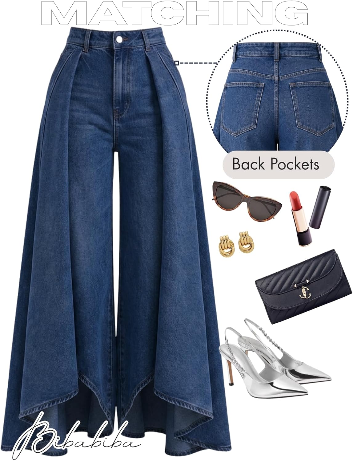Women's Flowy Jeans with Skirt Overlay Baggy High Waisted Wide Leg Denim Pants Pleated Jeans Streetwear