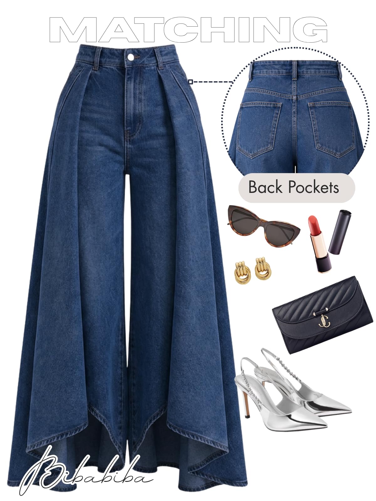 Women's Flowy Jeans with Skirt Overlay Baggy High Waisted Wide Leg Denim Pants Pleated Jeans Streetwear