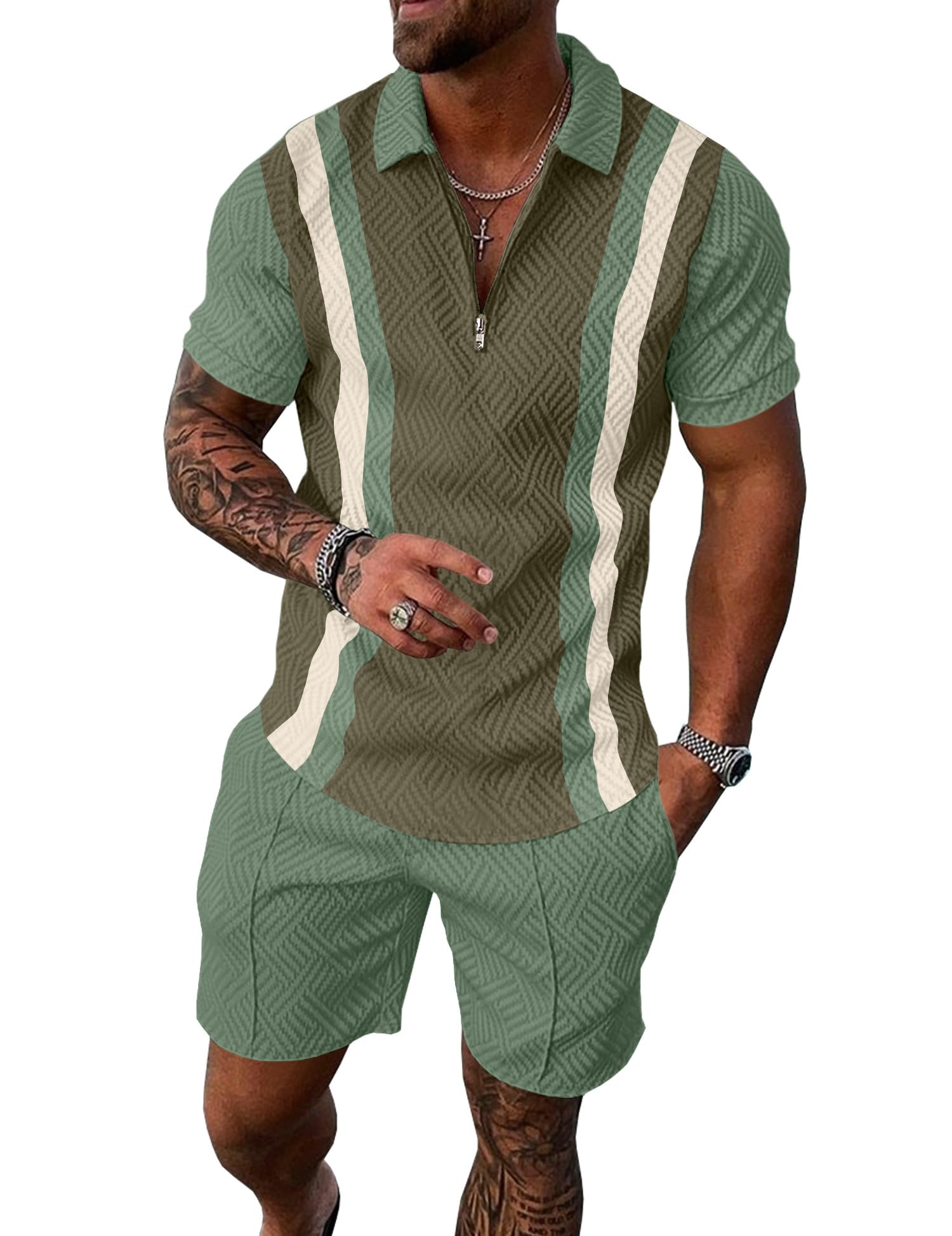 Mens Summer Track Suits 2 Piece Shorts Sets Short Sleeve Sweatsuit Outfits 1/4 Zip Golf Polo Splicing Striped Shirts