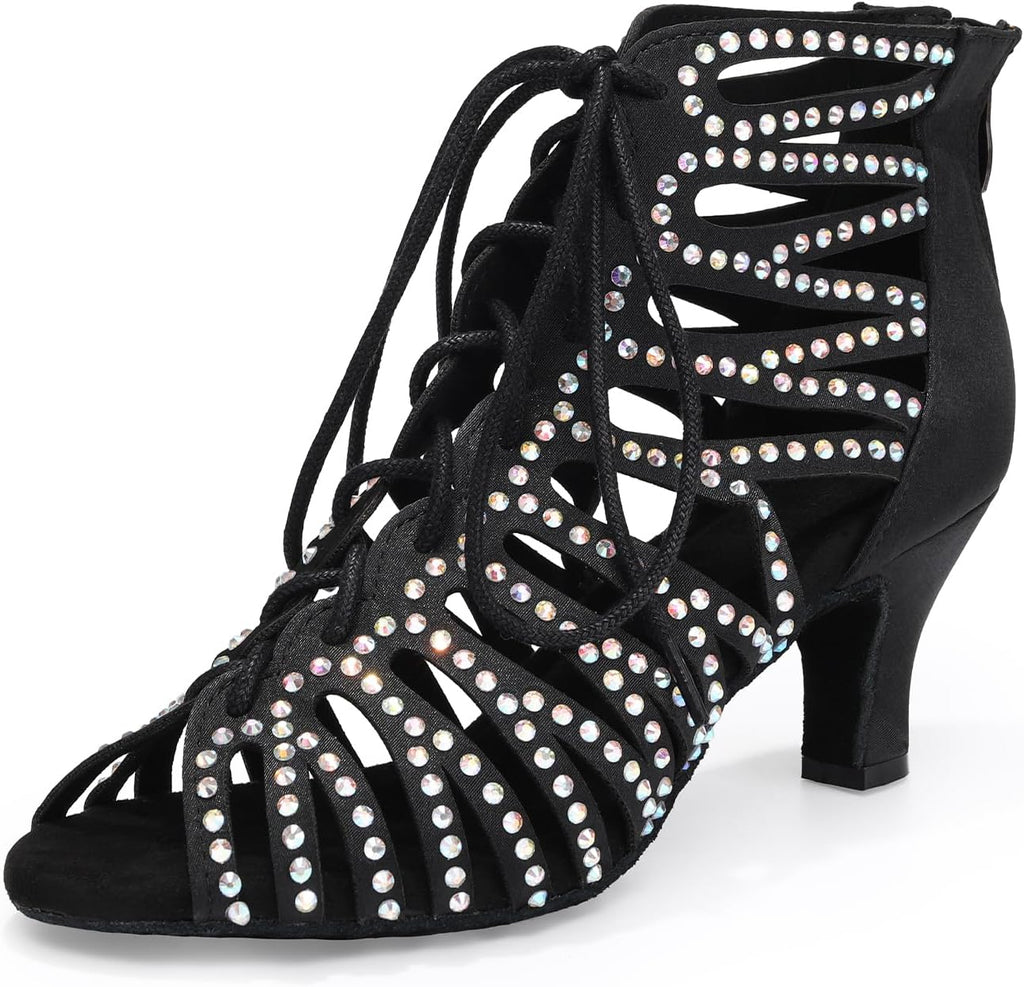 HIPPOSEUS Women's Rhinestone Latin Dance Boots | sparkly and smooth,open toe,lace-up,ankle ballroom dance shoes