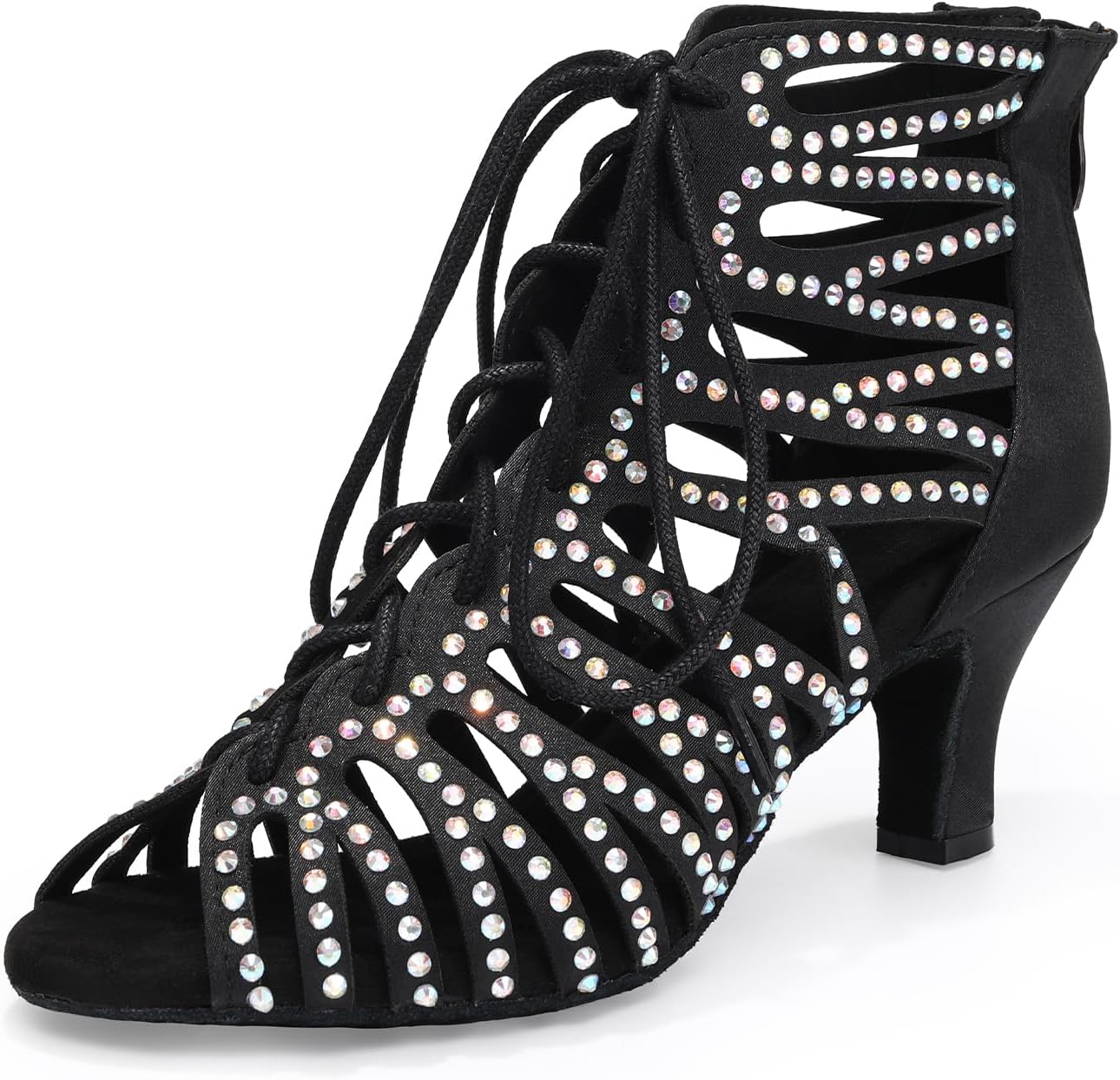 HIPPOSEUS Women's Rhinestone Latin Dance Boots | sparkly and smooth,open toe,lace-up,ankle ballroom dance shoes