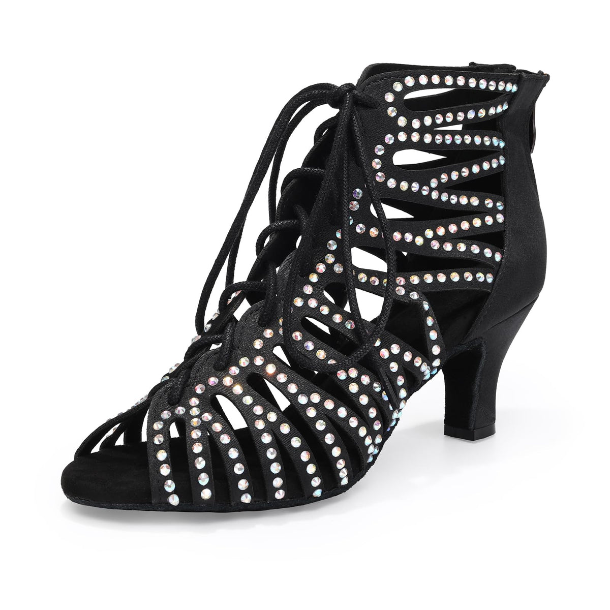 HIPPOSEUS Women's Rhinestone Latin Dance Boots | sparkly and smooth,open toe,lace-up,ankle ballroom dance shoes