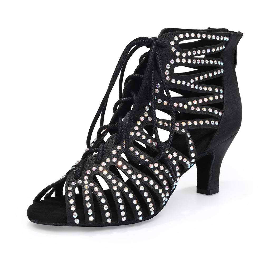 HIPPOSEUS Women's Rhinestone Latin Dance Boots | sparkly and smooth,open toe,lace-up,ankle ballroom dance shoes