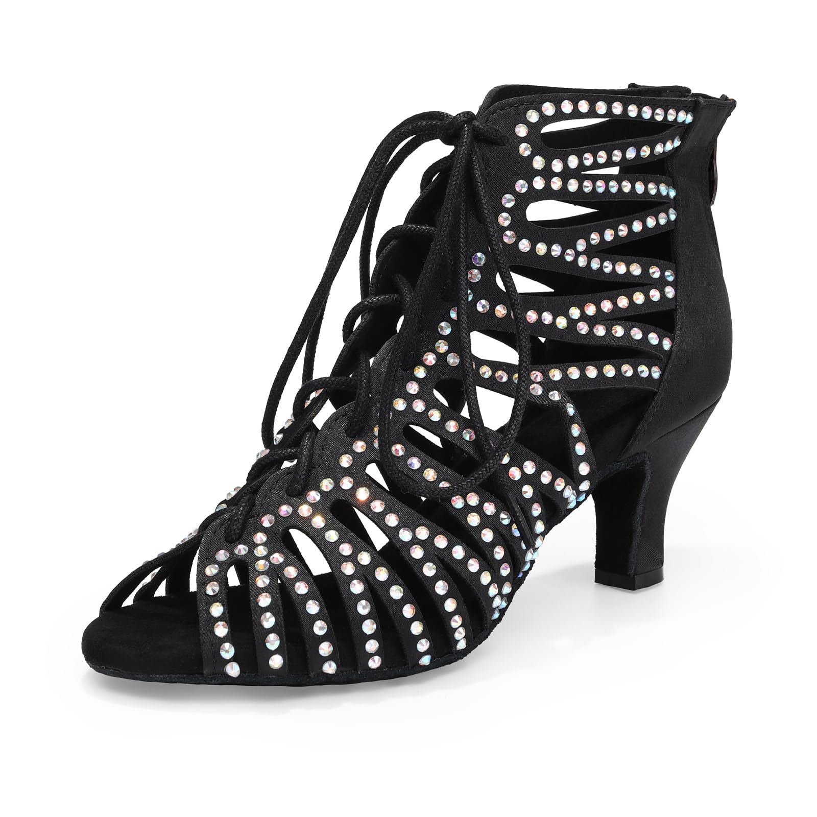 HIPPOSEUS Women's Rhinestone Latin Dance Boots | sparkly and smooth,open toe,lace-up,ankle ballroom dance shoes