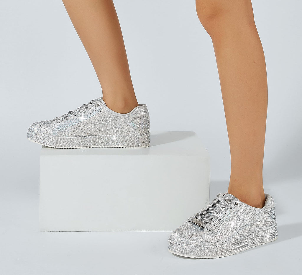 LUCKY STEP Women's Platform Rhinestone Sneakers | Sparkly Fashion Glitter Material|Sparkle Bling Bedazzled|Wedding Bridal Shiny Shoes