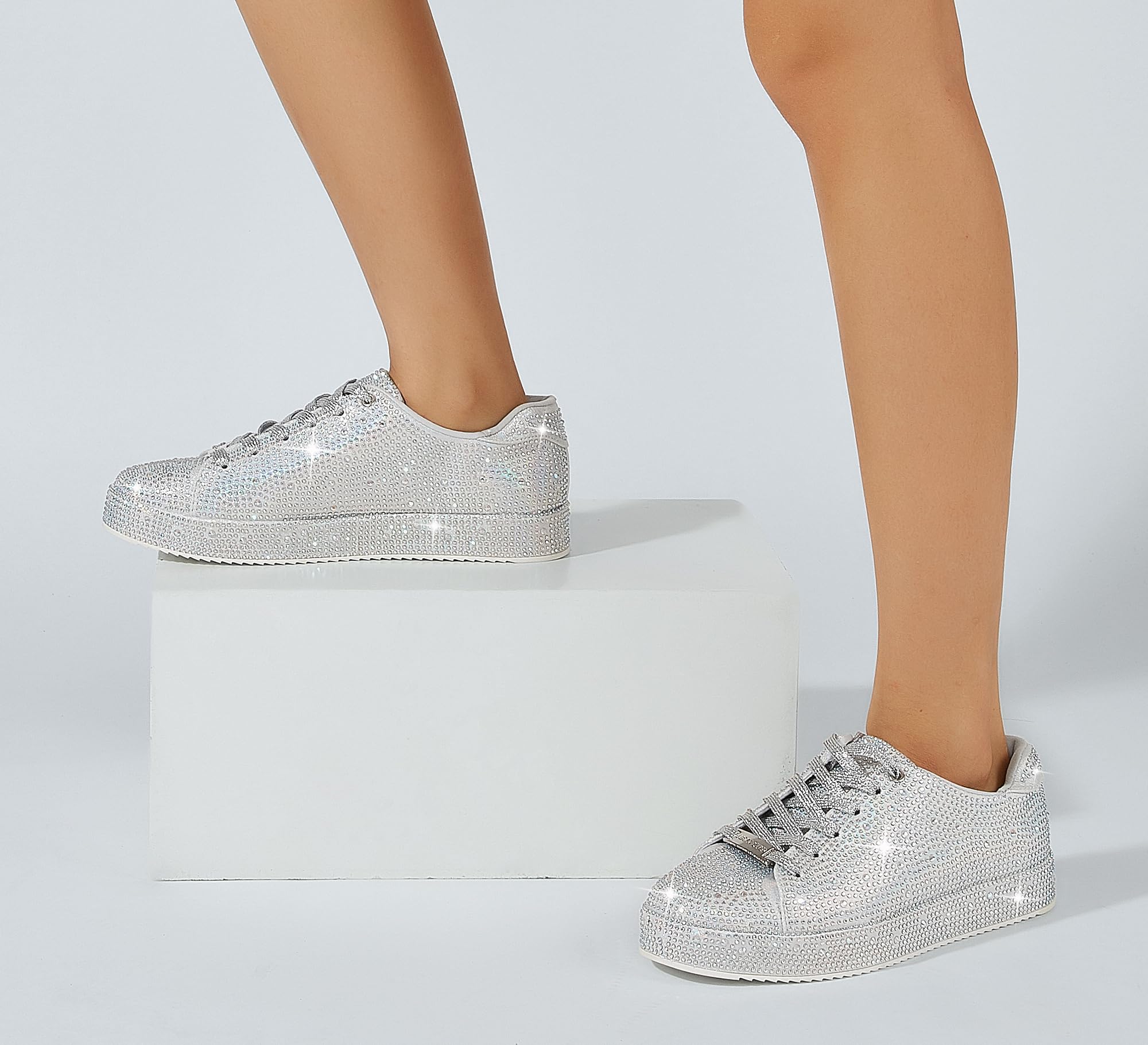 LUCKY STEP Women's Platform Rhinestone Sneakers | Sparkly Fashion Glitter Material|Sparkle Bling Bedazzled|Wedding Bridal Shiny Shoes