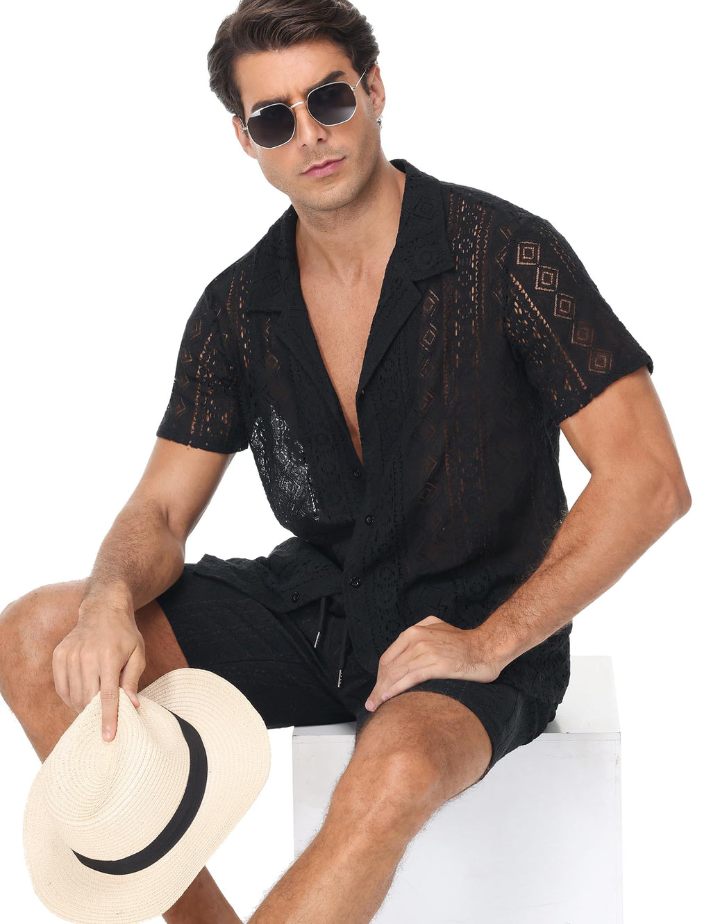 Men 2 Piece Shorts Set Sexy Lace Mesh Sheer Short Sleeve Summer Rave Outfit