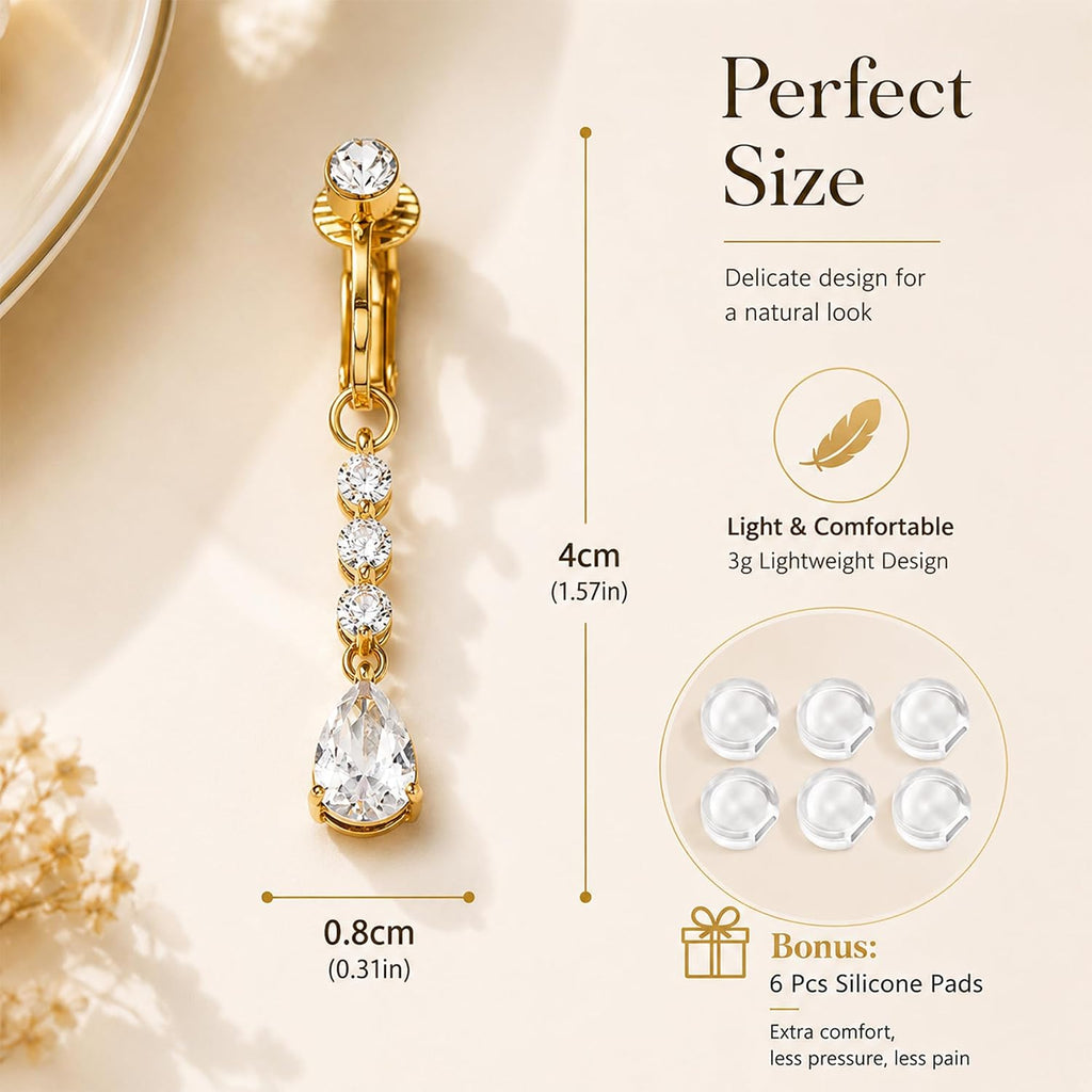 D.Bella Fake Belly Piercing Gold Clip On Belly Button Rings for Women Non Piercing Dangle Navel Jewelry Daily Wear
