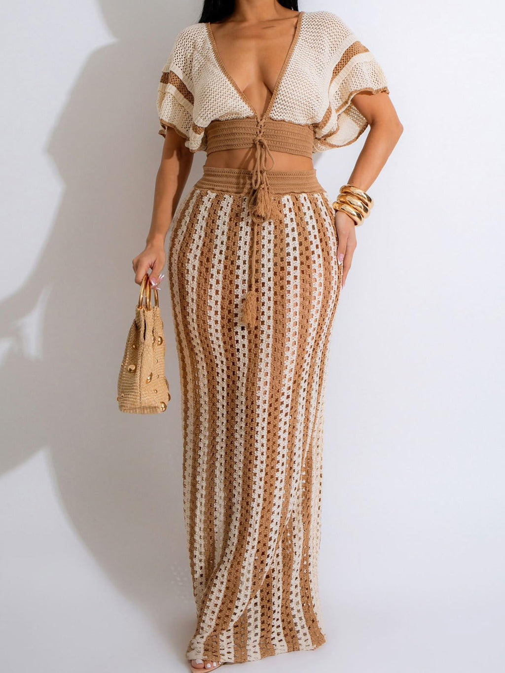 KANSOON Crochet Skirt Set for Women Two Piece Crochet Cover Up | Semi-sheer hollow-out resort layer, tie-front crop top, flattering striped maxi skirt for beach vacation, cruise,poolside