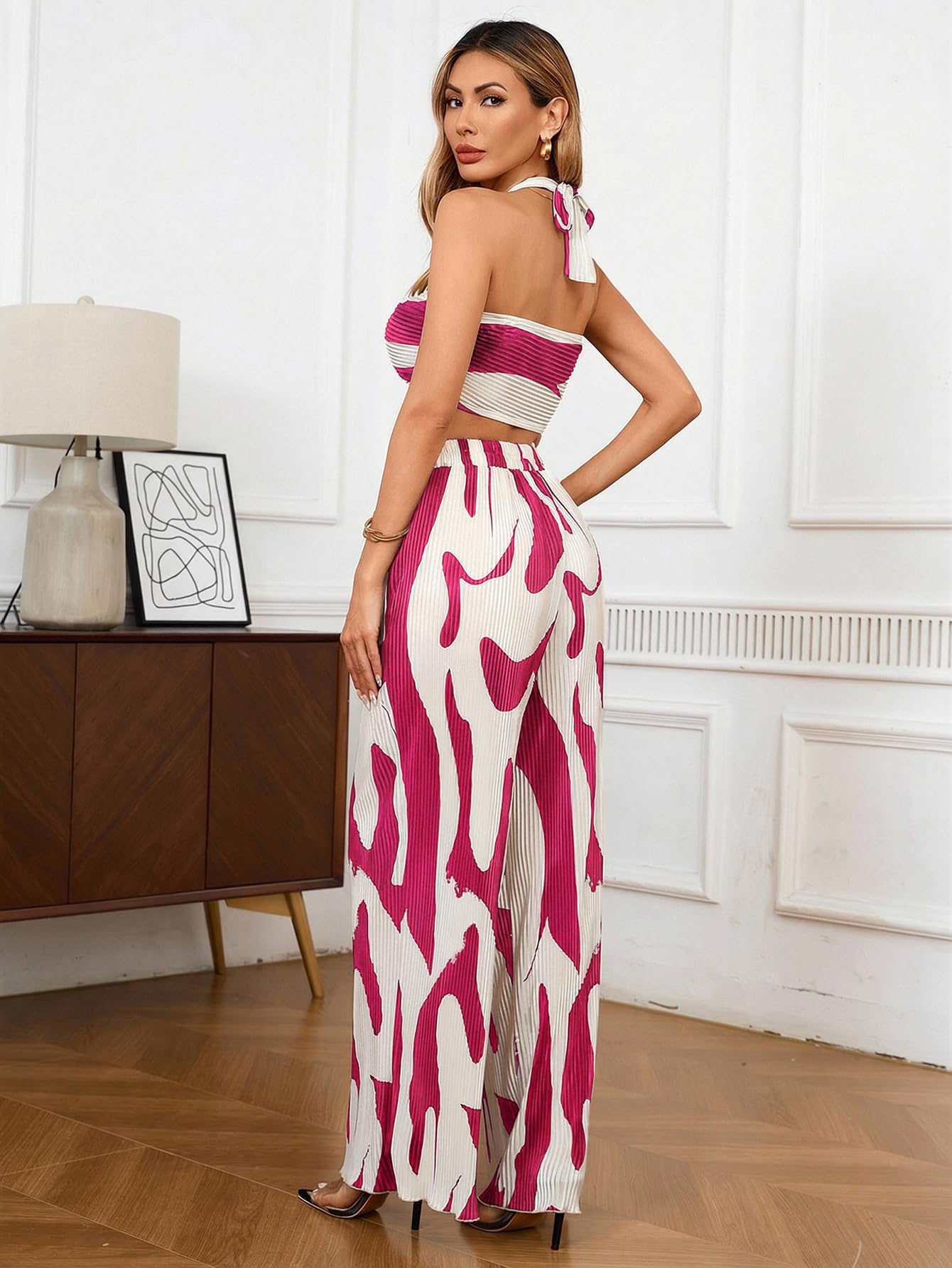 OYOANGLE Women's 2 Piece Graphic Halter Top Wide Leg Pants Vacation Outfits | Knitted, Sleeveless, Crop, High Waist, Beach Club, Summer Sets, Sexy Resort Wear