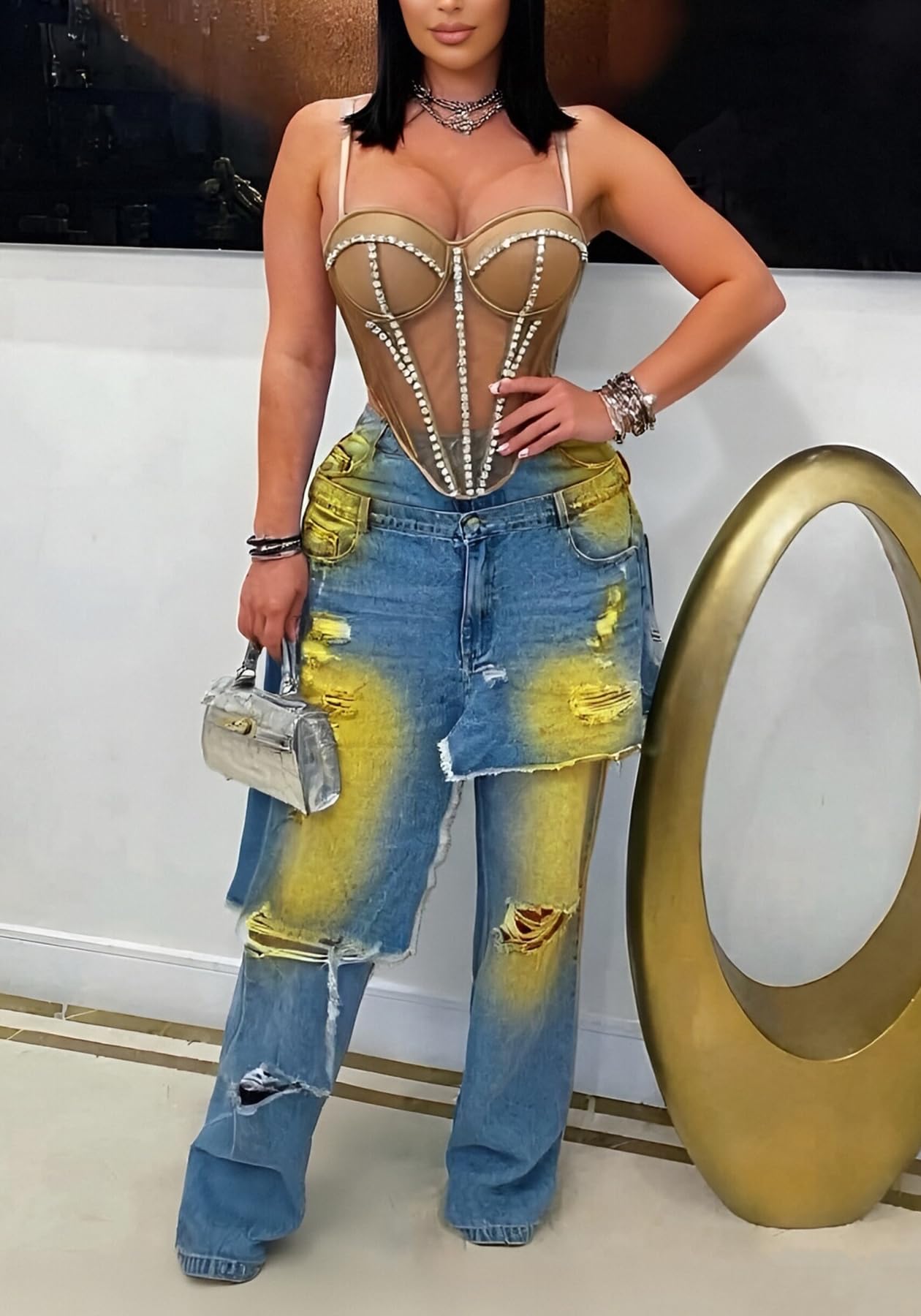 LKOUS Women's Ripped Baggy Jeans High Waist Wide Leg Patchwork Streetwear | Distressed, cutout, Y2K, hip hop, stretchy, soft, pocket, casual, concert, vintage. Machine wash