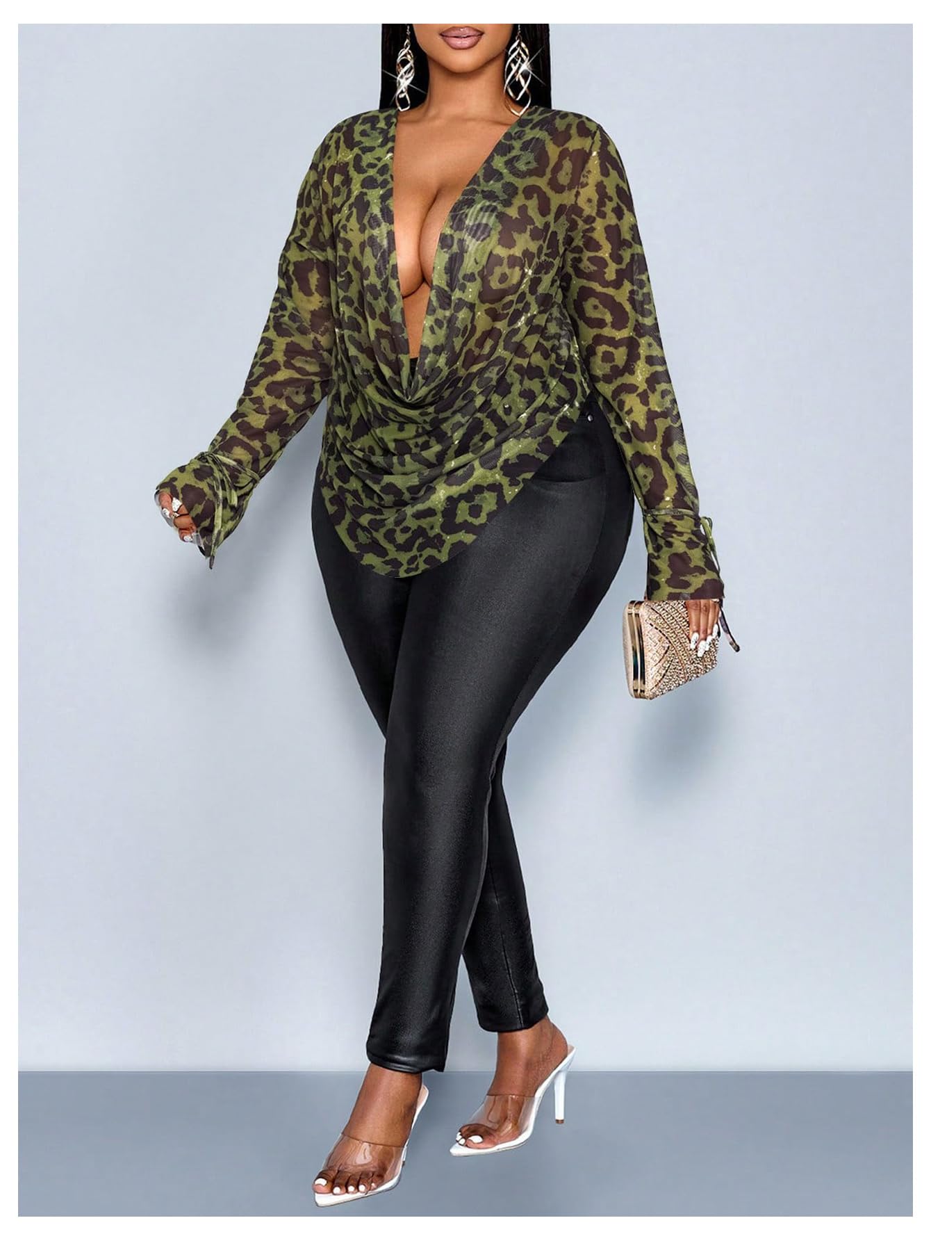 RoseSeek Women's Plus Size Cheetah Long Sleeve Top Club Night Out Tops | Draped Front, V Neck, Y2K, Club Night Out Tops