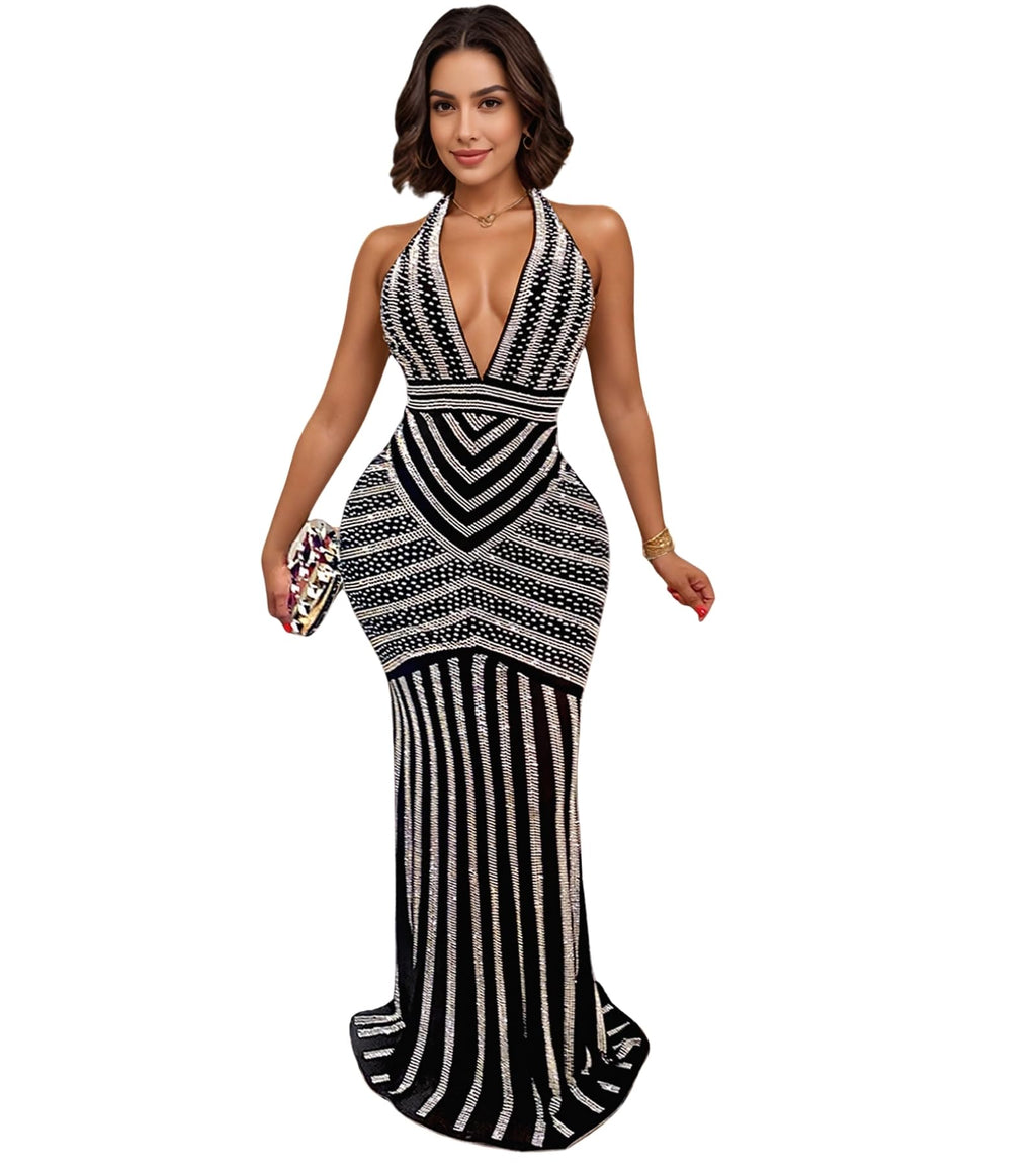 PORRCEY Women's Sexy Rhinestone Mesh See Through Party Night Prom Dress