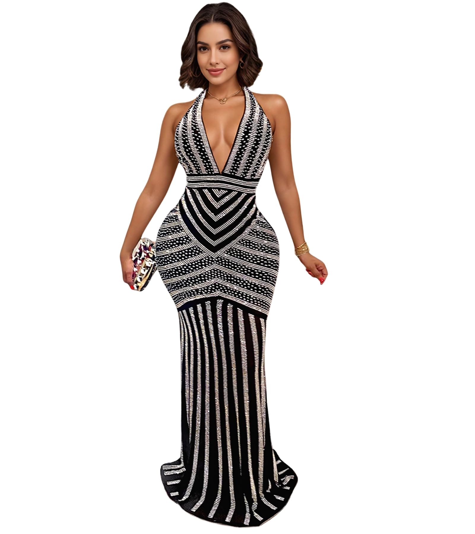PORRCEY Women's Sexy Rhinestone Mesh See Through Party Night Prom Dress