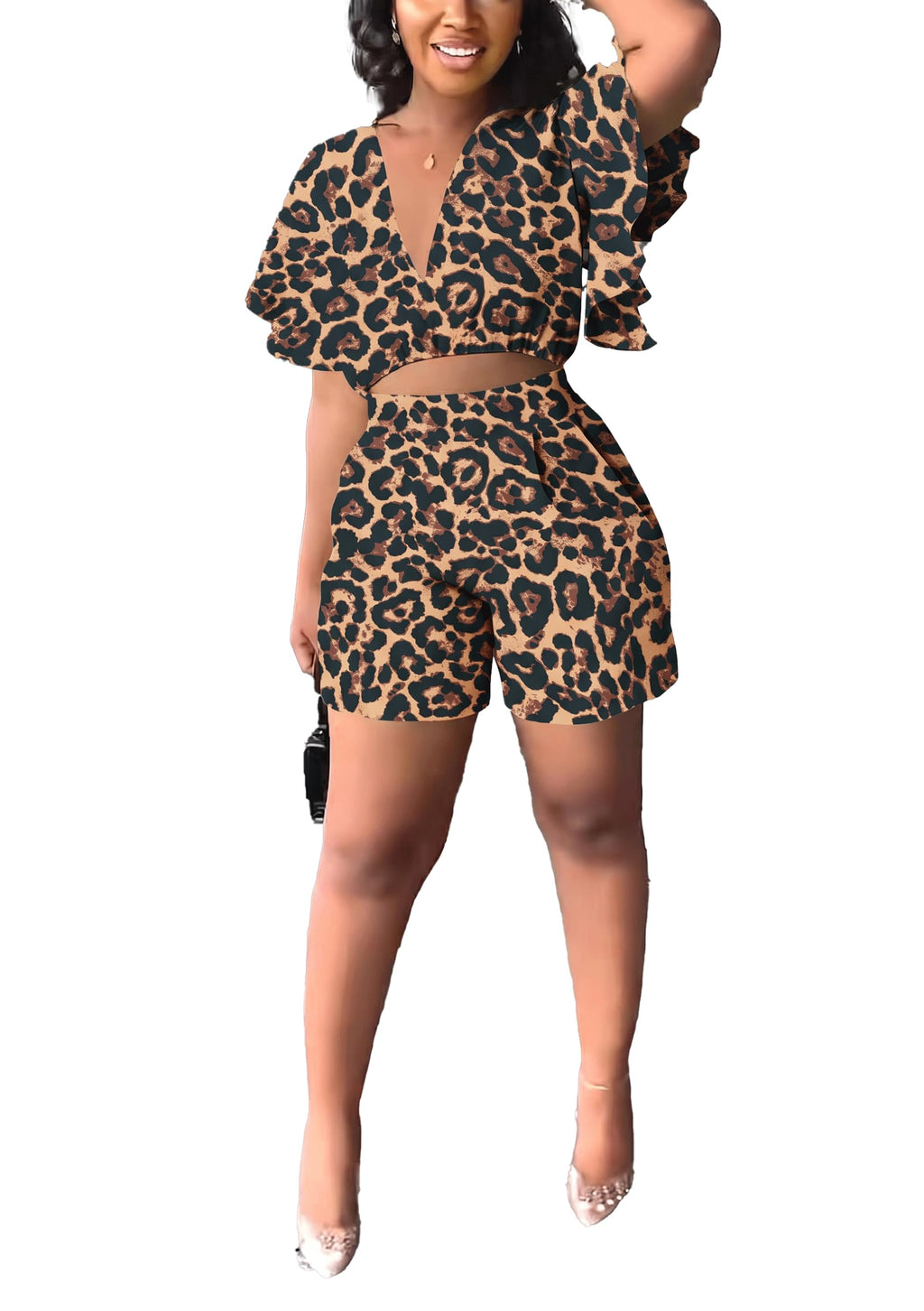 Womens Summer Two Piece Shorts Outfit Sexy Crop Top Butterfly Sleeve 2 pc Short Set Vacation Brunch Matching Set
