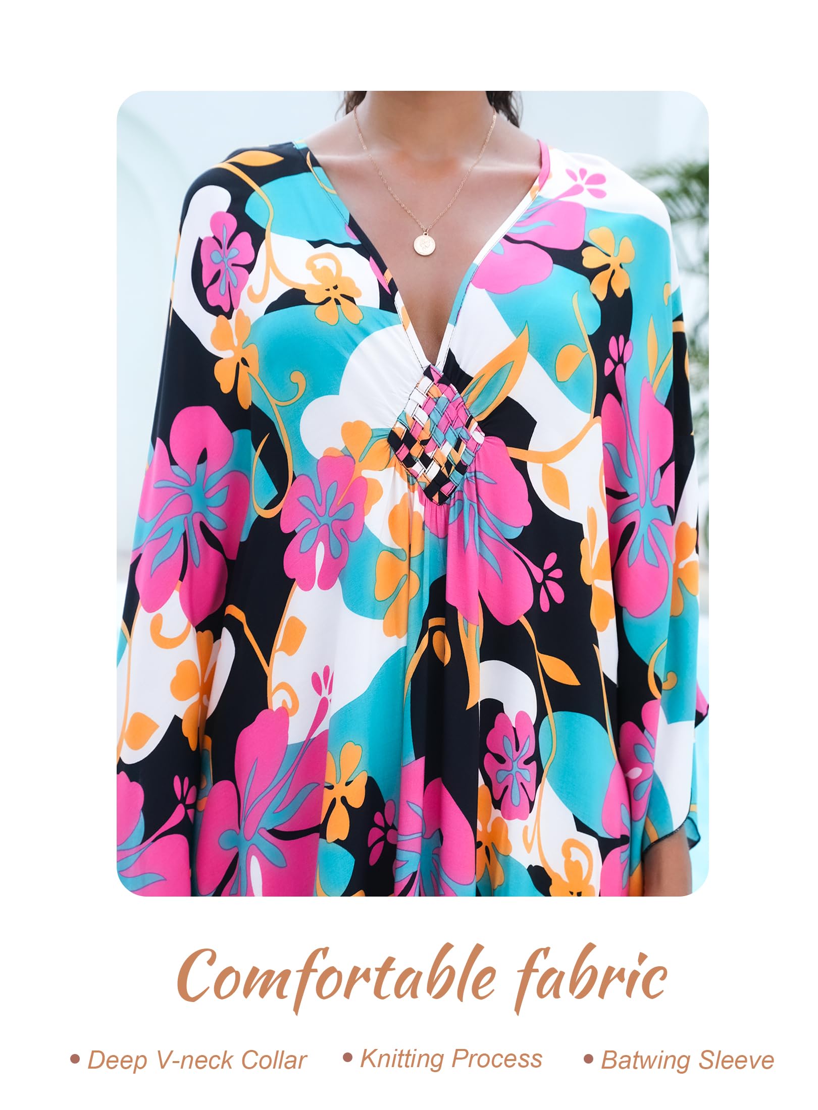 Yanziliu Kaftan Dress for Women,Plus Size Hawaiian Batwing Sleeve Beach Cover Up Summer Swimsuit Dresses