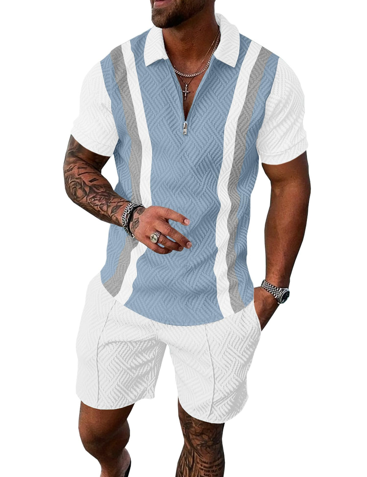 Mens Summer Track Suits 2 Piece Shorts Sets Short Sleeve Sweatsuit Outfits 1/4 Zip Golf Polo Splicing Striped Shirts