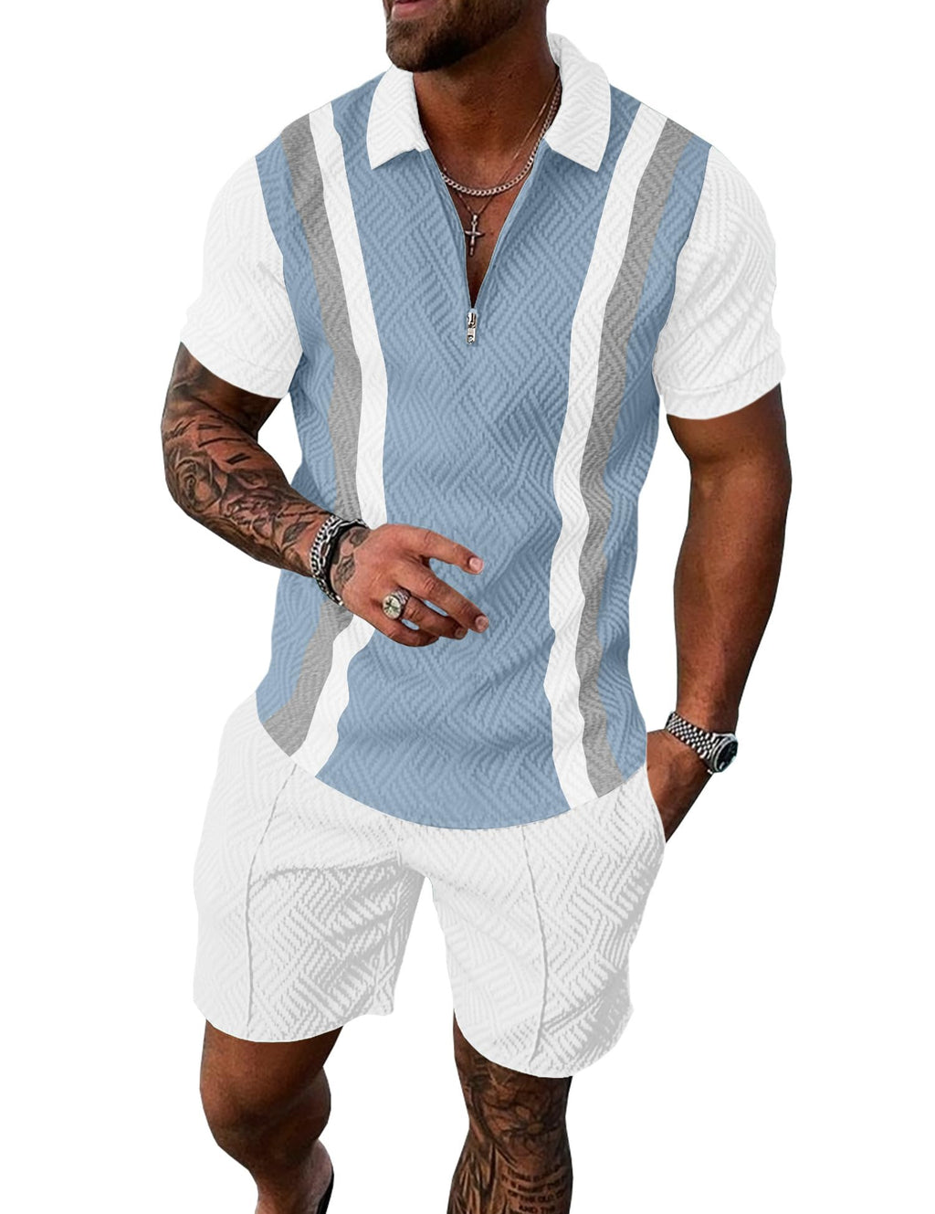 Mens Summer Track Suits 2 Piece Shorts Sets Short Sleeve Sweatsuit Outfits 1/4 Zip Golf Polo Splicing Striped Shirts