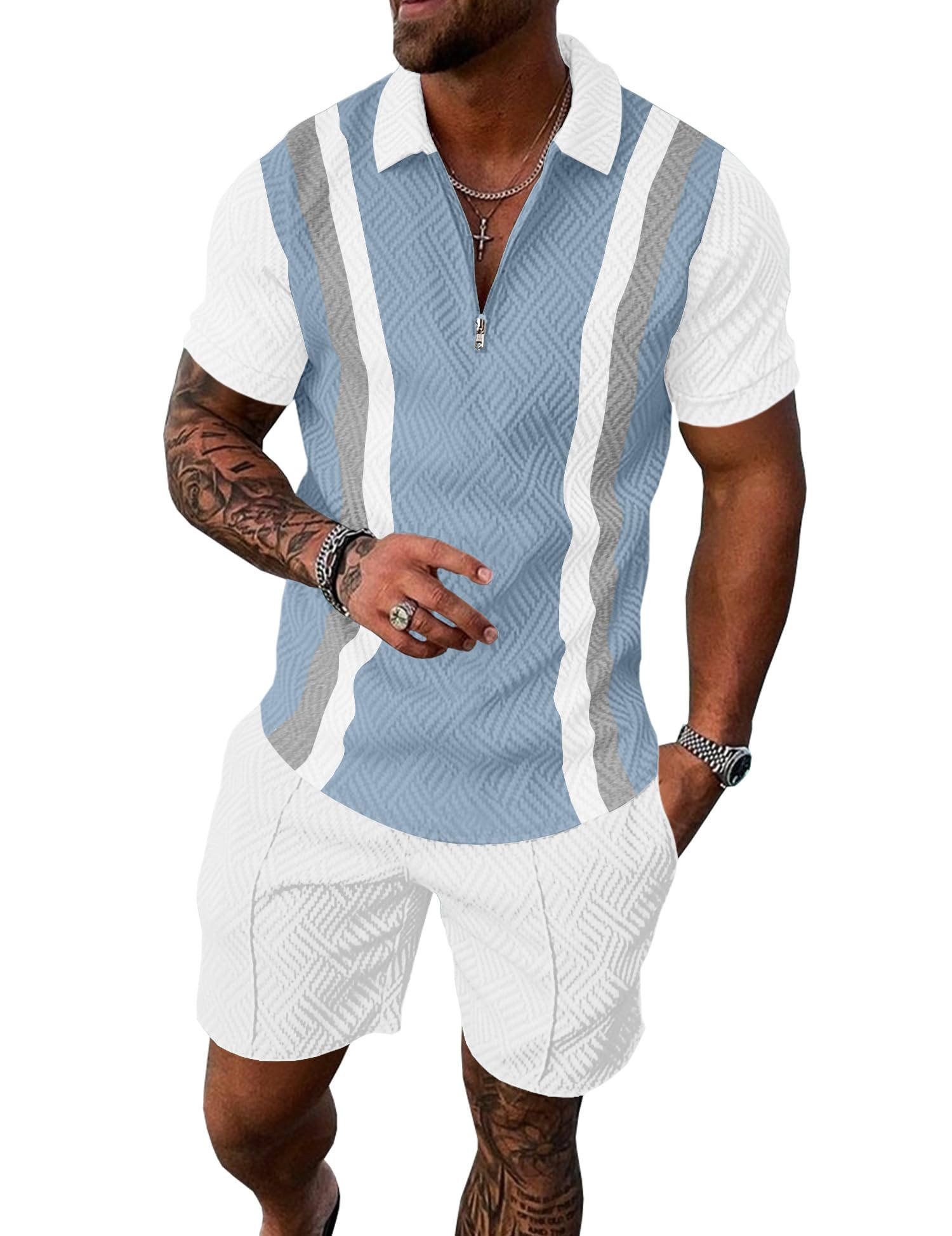 Mens Summer Track Suits 2 Piece Shorts Sets Short Sleeve Sweatsuit Outfits 1/4 Zip Golf Polo Splicing Striped Shirts