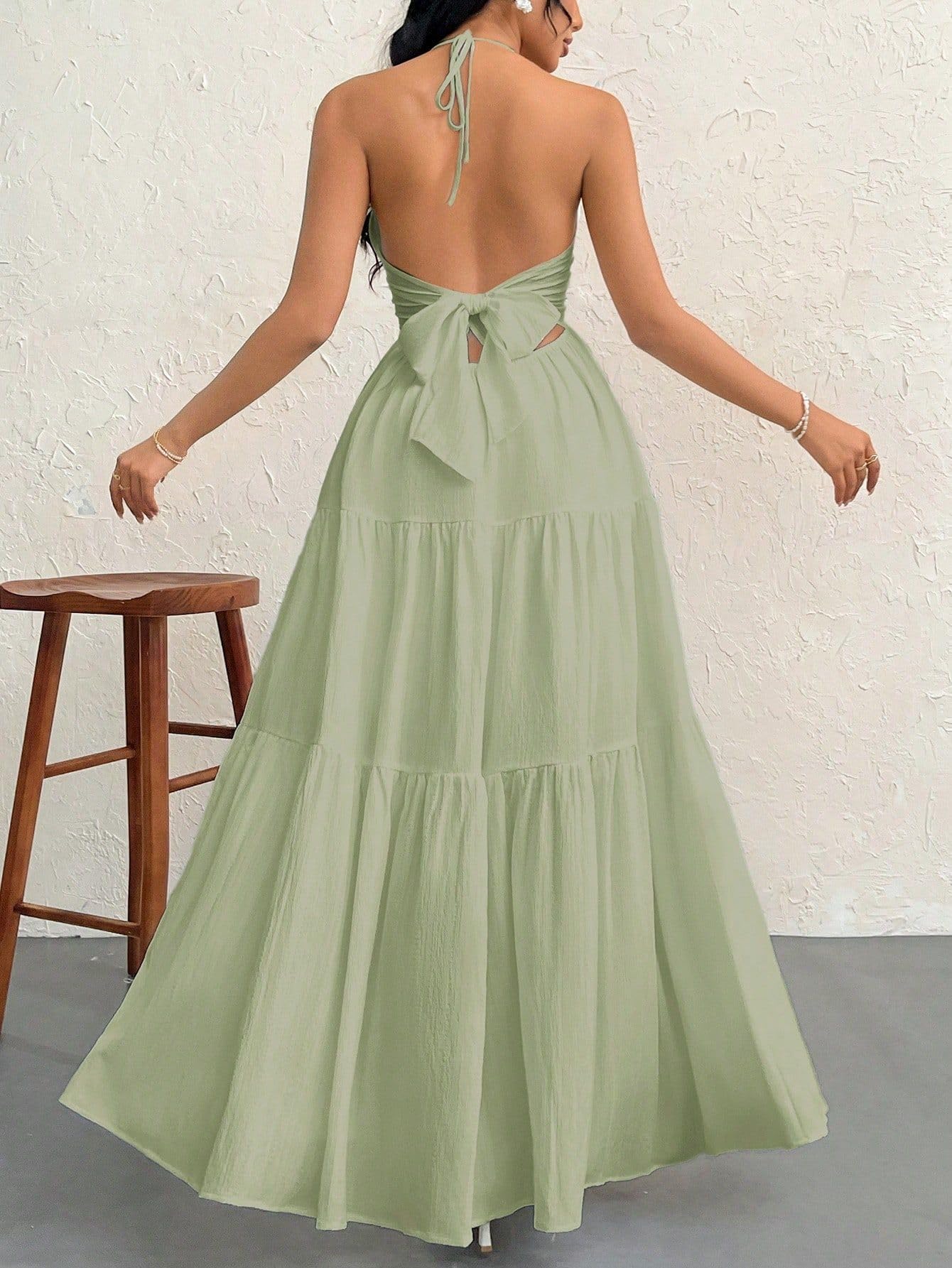 Narecte Women's Maxi Summer Dresses Halter V Neck Beach Dresses for Women A-Line Casual Dress for Vacation