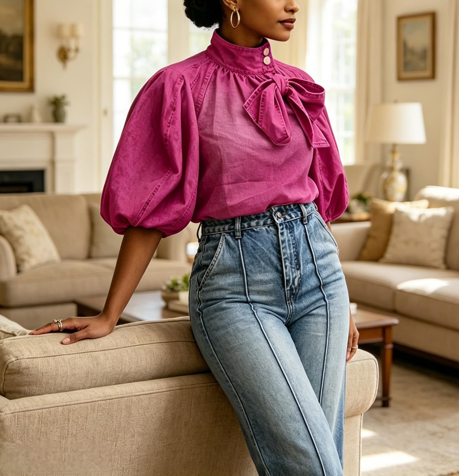 Women's Bow Design Denim Pullover Top Button Up High Neck Fashionable Jacket with Elastic and Puff Sleeves