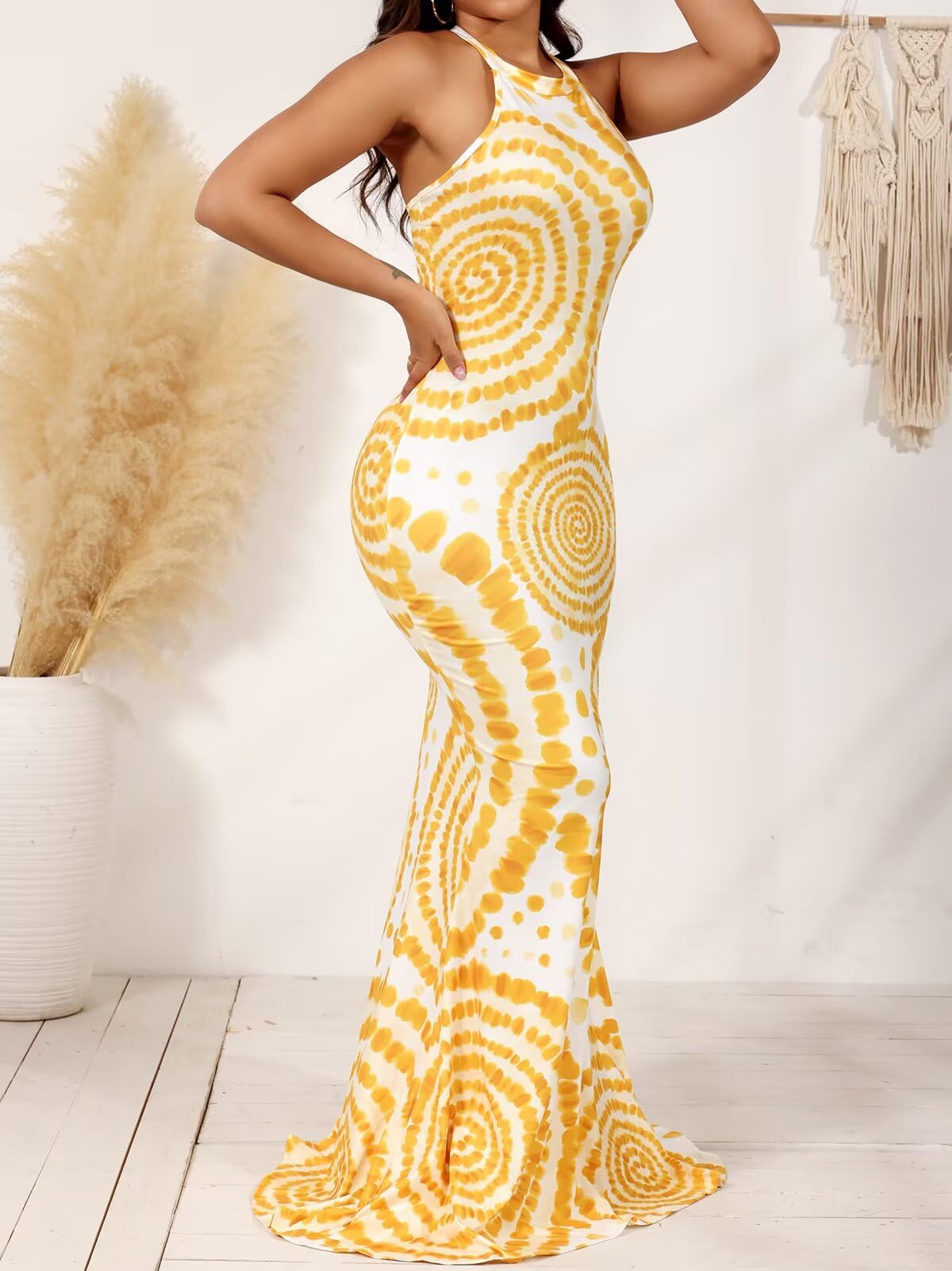 EDITCOZY Women Sexy Bodycon Maxi Dress Beach Backless Vacation Sundress | Tie Dye, Halter, Sleeveless, Open Back Cut Out, Long Mermaid Dresses, Summer, Birthday Party, Going Out, Date Night