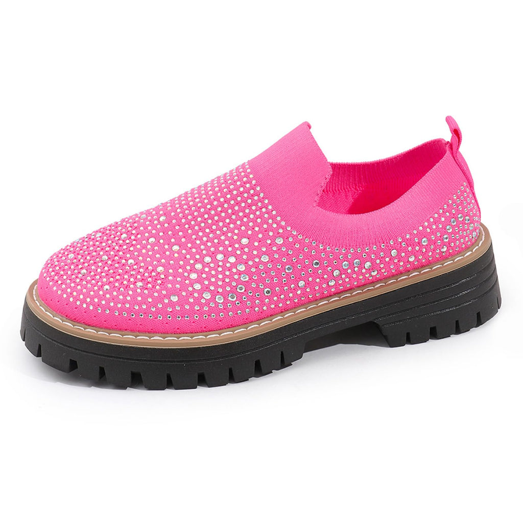 Women's Knit Rhinestone Platform Sock Sneakers Breathable Mesh Round Toe Slip On Lug Sole Loafers Lightweight Walking Sport Casual Shoes