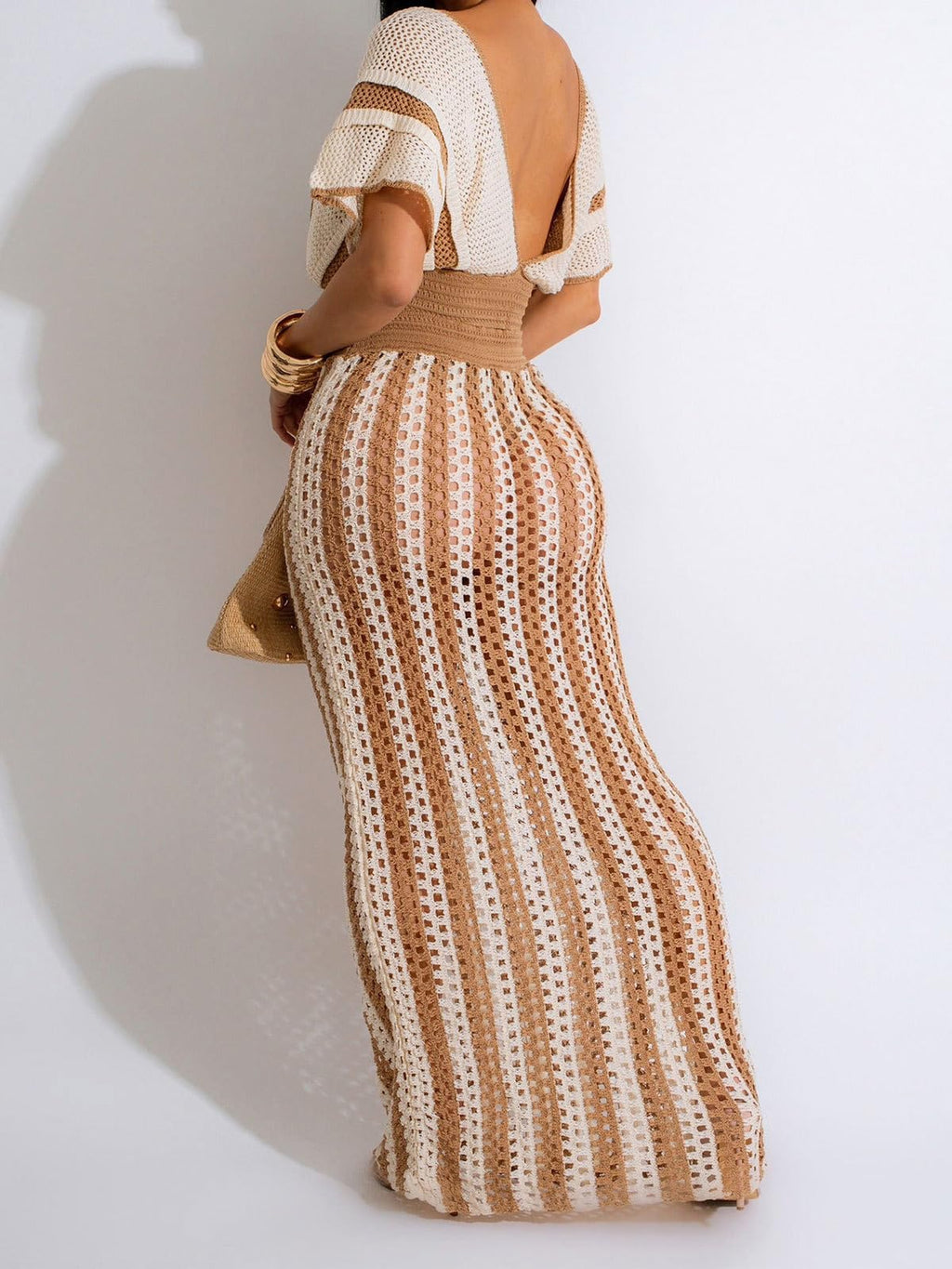 KANSOON Crochet Skirt Set for Women Two Piece Crochet Cover Up | Semi-sheer hollow-out resort layer, tie-front crop top, flattering striped maxi skirt for beach vacation, cruise,poolside