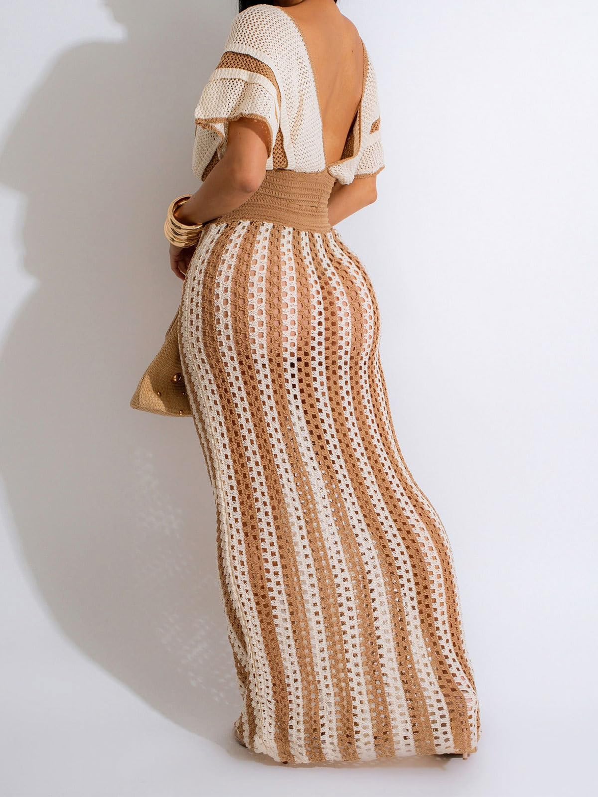 KANSOON Crochet Skirt Set for Women Two Piece Crochet Cover Up | Semi-sheer hollow-out resort layer, tie-front crop top, flattering striped maxi skirt for beach vacation, cruise,poolside