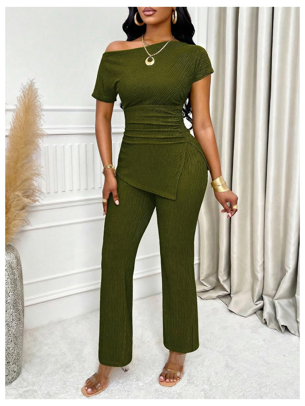 SOLY HUX Women's 2 Piece Outfit Short Sleeve Ruched T Shirt and Pants Set | Asymmetrical Neck, Going Out Set, Dressy, Summer Set