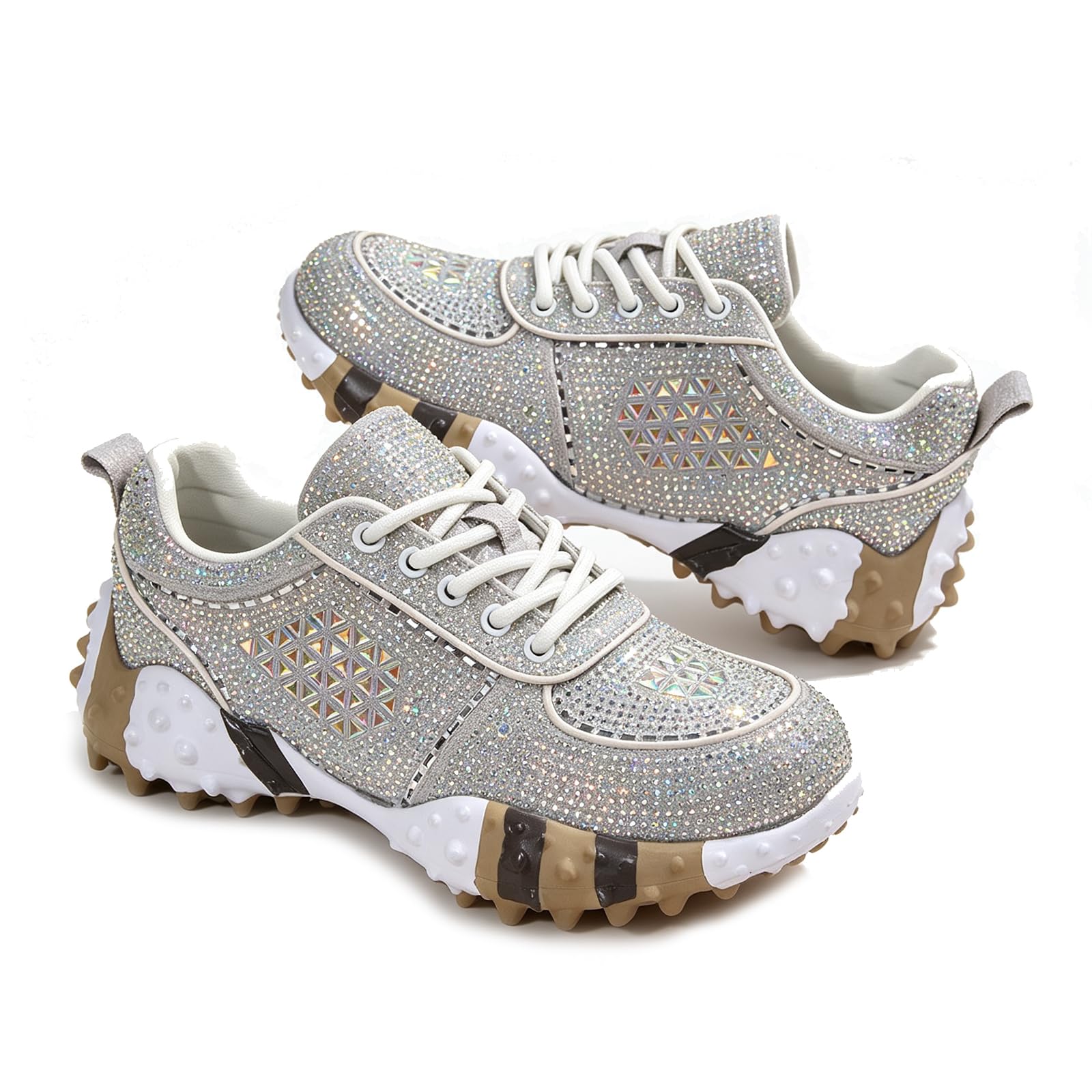 Rhinestone Sparkly Glitter Platform Dads Women Daily Casual Party Shoes | Fashion Bling Rhinestone Glitter Chunky Dad Sneakers Cushioned Soles Comfort Casual Shoes for Daily Wear Parties and Weddings