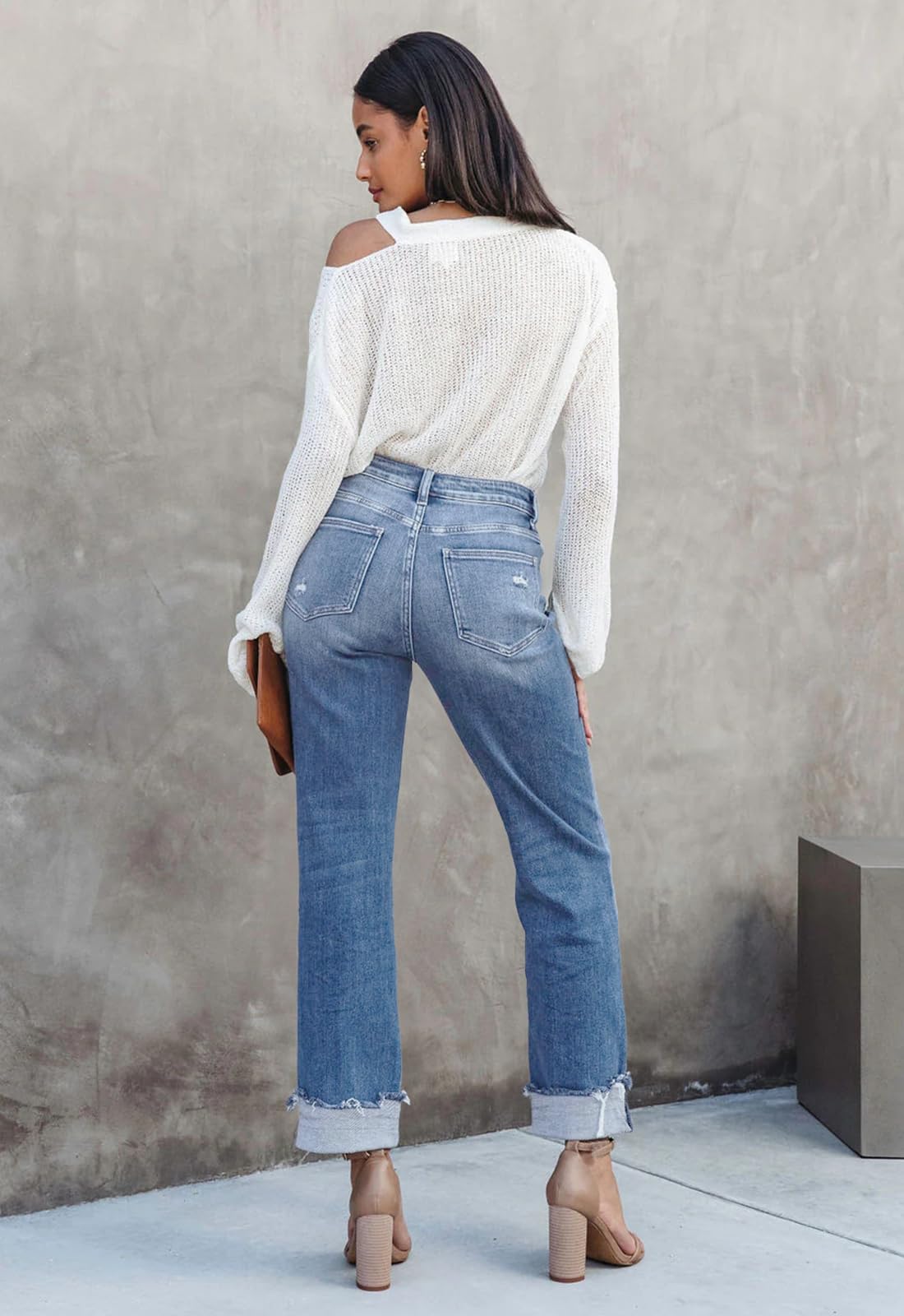 Metietila Jeans for Women Trendy High Waisted Corssover Boyfriend Jeans Distressed Stretchy Denim Pants
