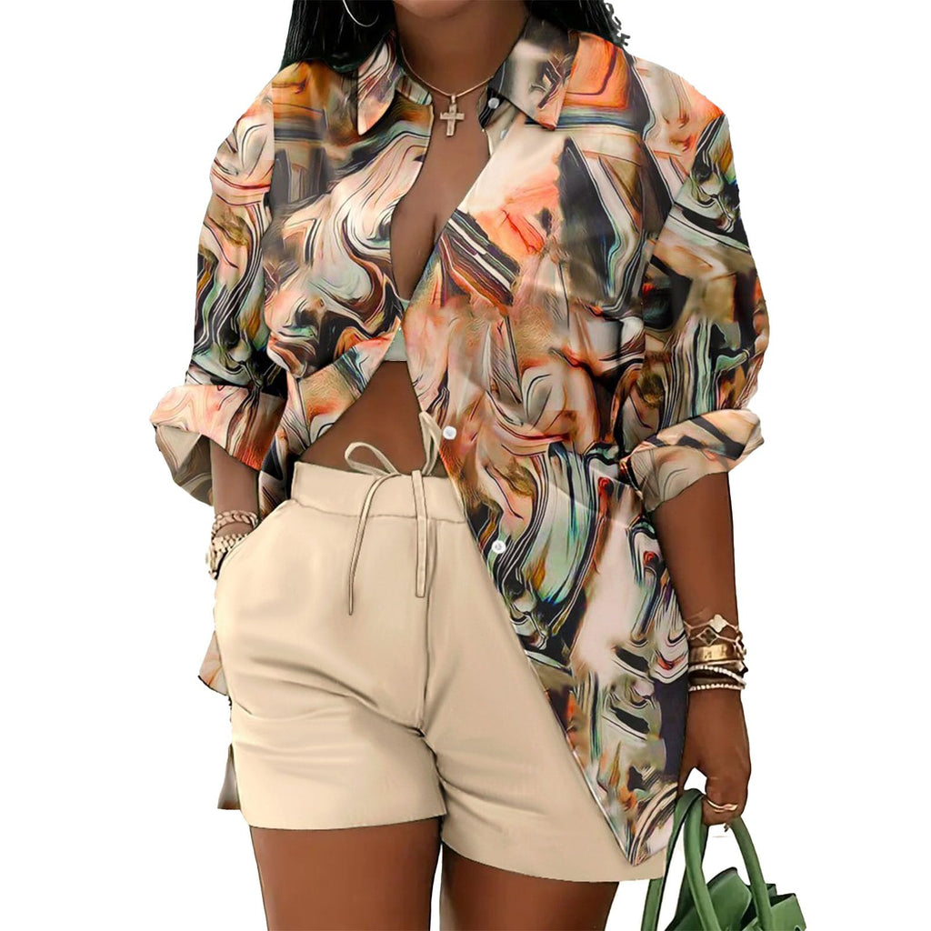 Mandonce 2 Piece Outfits for Women Long Sleeve Printed Shirt and Elastic Lace-Up Shorts with Pockets Beach Vacation Clothes