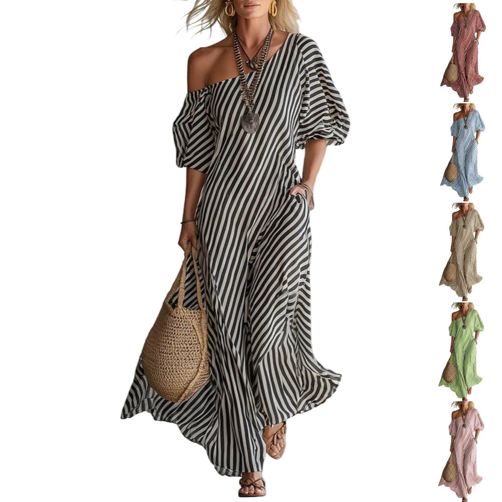 Women's Elegant and Classic Striped Off-Shoulder Maxi Dress,Summer Flutter Short Sleeve One Shoulder Loose Flowy Long Dress