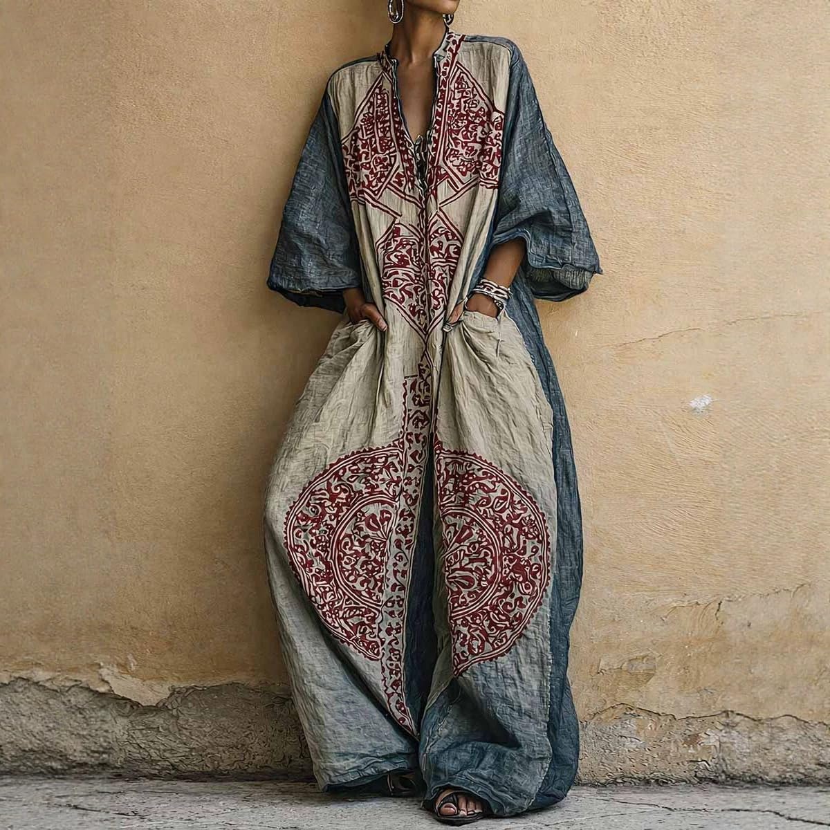 Women Plus Size Boho Wide Leg Jumpsuit Vintage Ethnic Print 3/4 Sleeve V Neck Vacation Casual Jumpsuit With Pockets