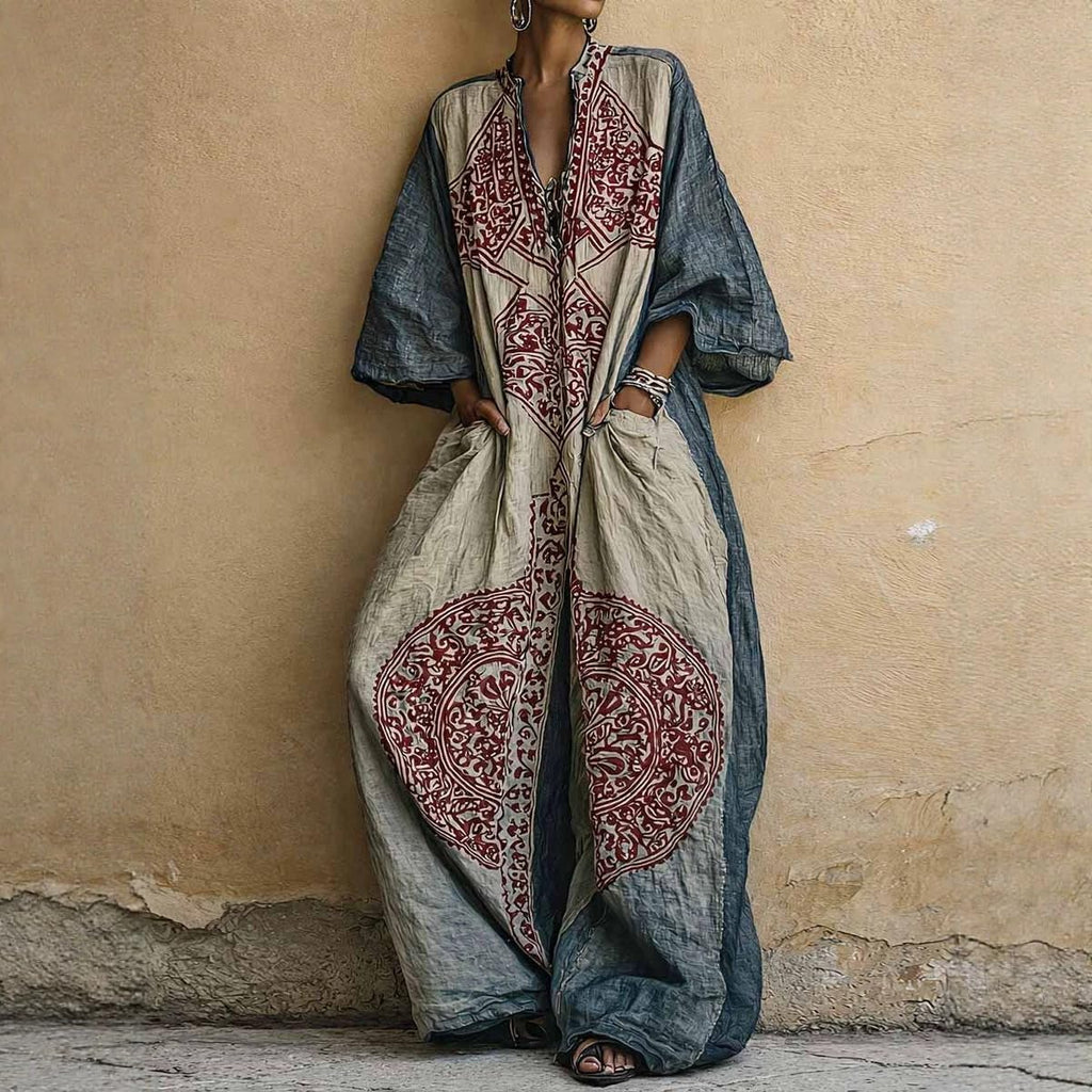 Women Plus Size Boho Wide Leg Jumpsuit Vintage Ethnic Print 3/4 Sleeve V Neck Vacation Casual Jumpsuit With Pockets