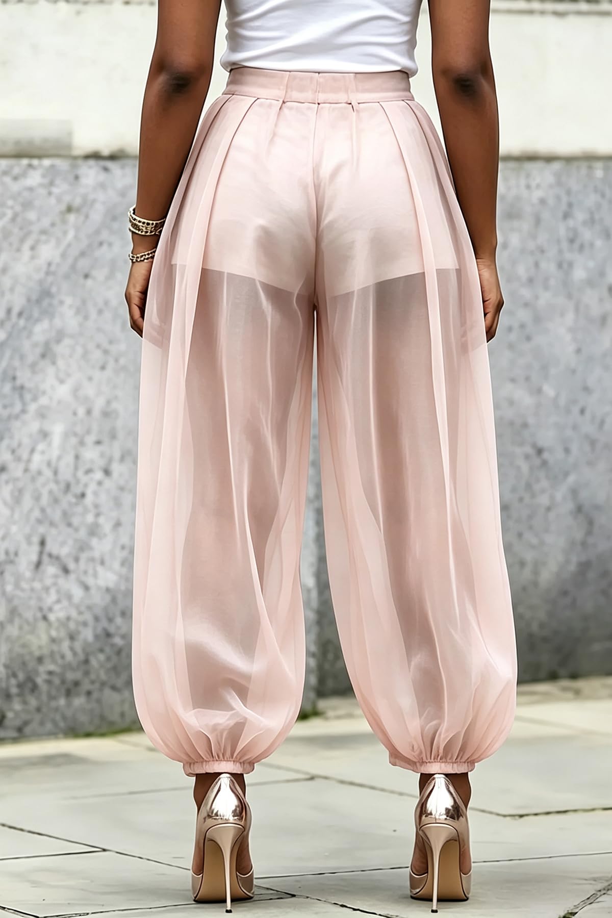Molisry Women Sheer Mesh Pants Bubble Tulle Patchwork Pants Balloon Trouser | Loose Fit Cover Up Trousers,Built In Shorts Lining