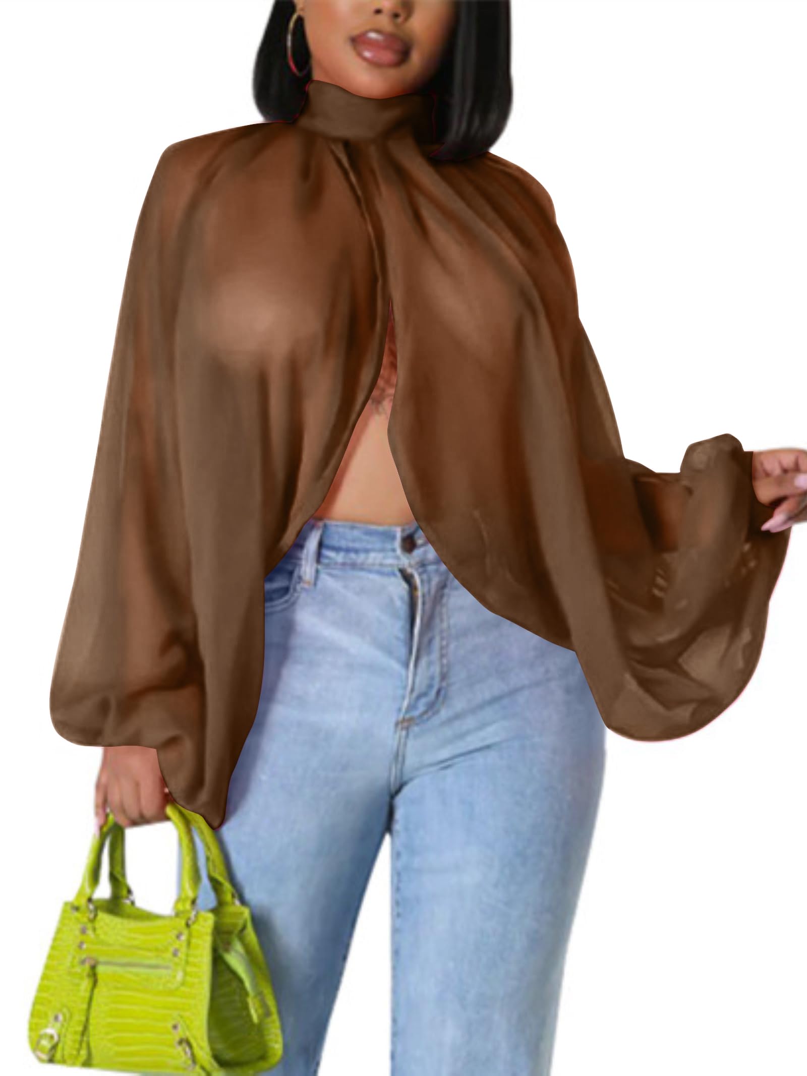 Sexy Tops for Women Party Club Night Batwing Sleeve Chiffon Blouse | Floral Print Blouse Shirts,Puff Sleeve,Going out Tops,Front Open Style,Lantern Sleeve Boho Chiffon Fall Tops 2026